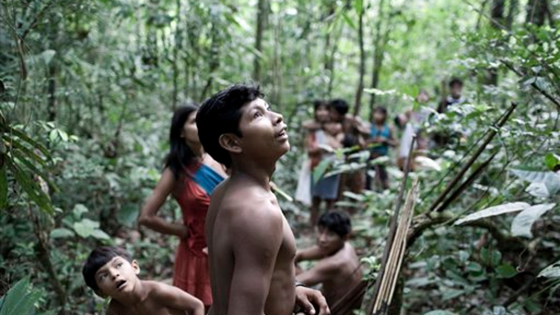 In this Aug. 2010 photo released in 2012 by Survival International, Awa Indians stand in a forest in Maranhao state, Brazil.