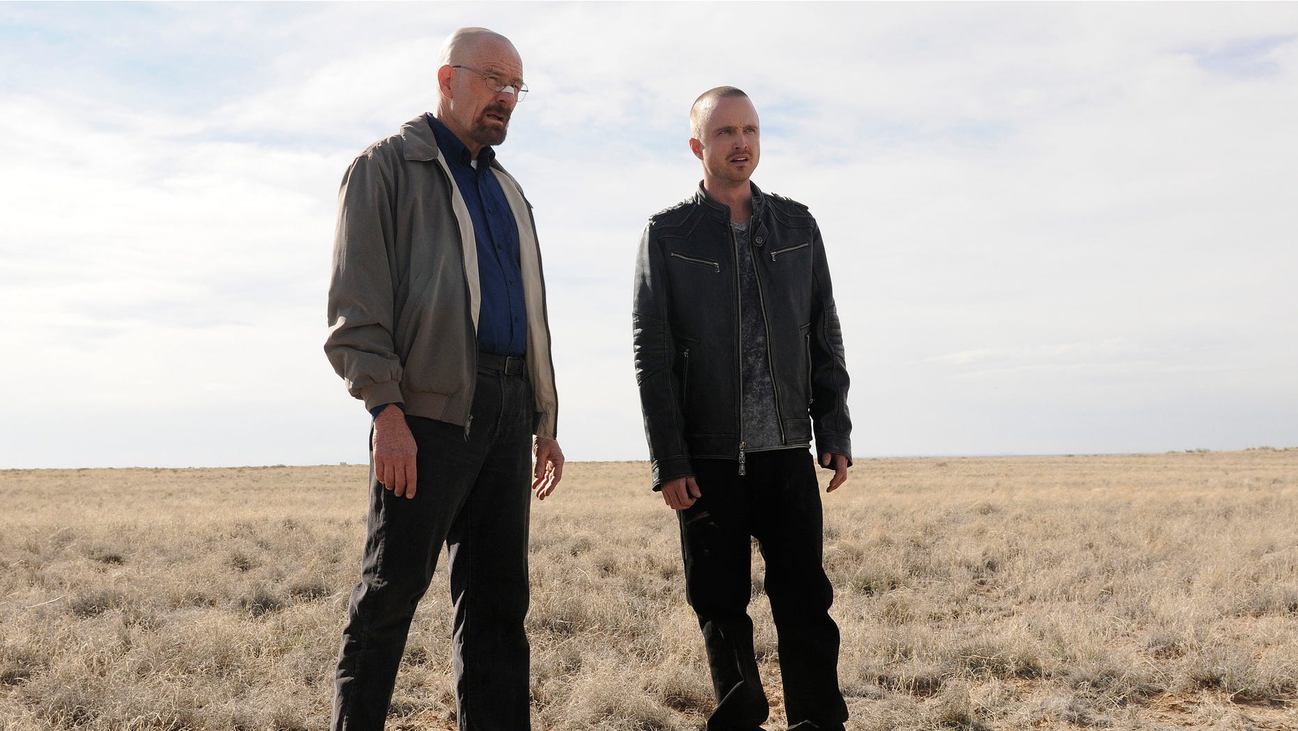 FILE - This file image released by AMC shows Bryan Cranston as Walter White, left, and Aaron Paul as Jesse Pinkman in a scene from the season 5 premiere of "Breaking Bad."