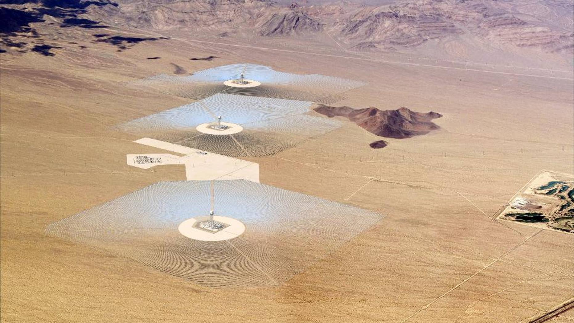 A model rendering of BrightSource Energy’s Ivanpah Solar Power Complex.