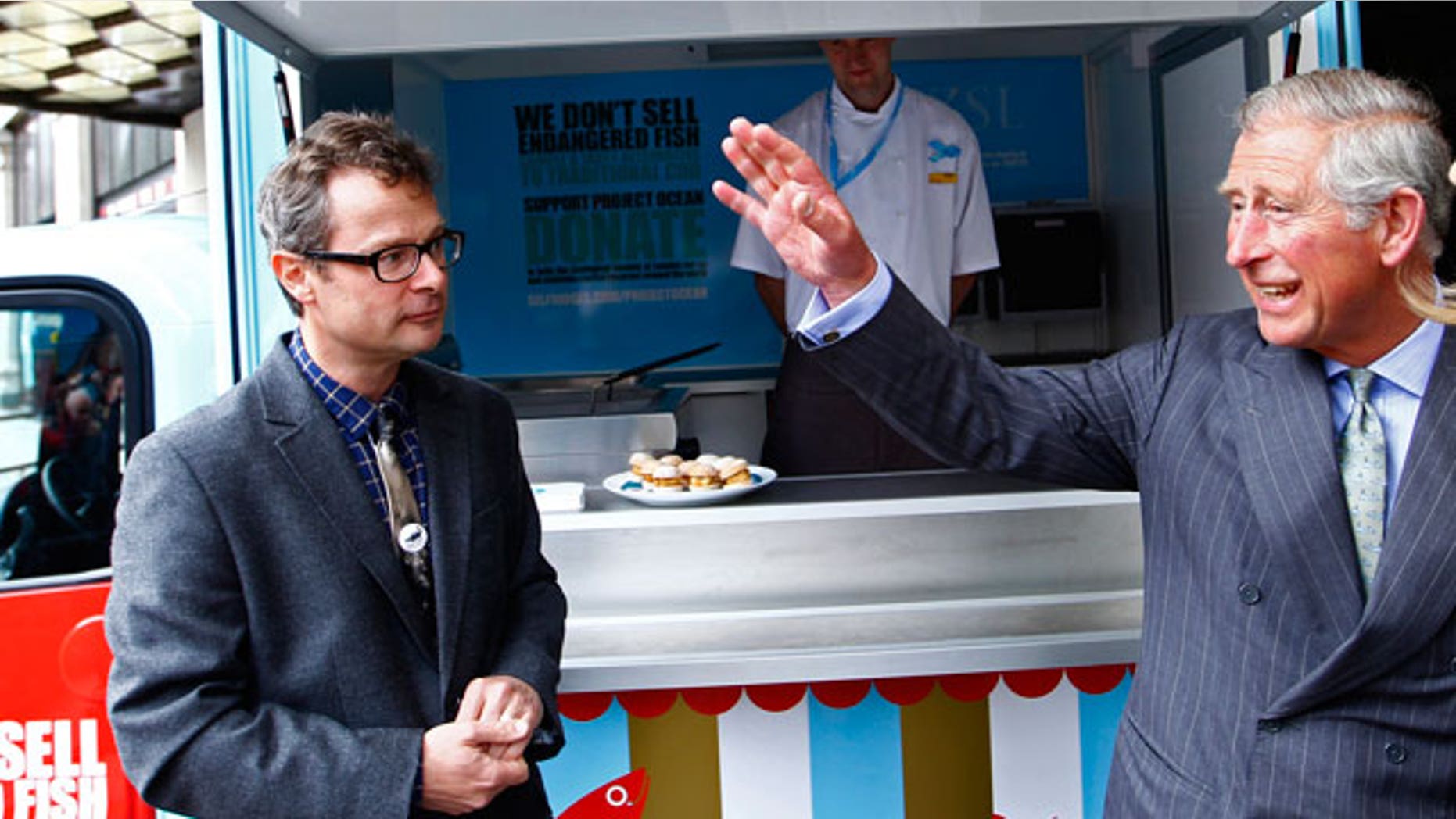 British chef Hugh Fearnley-Whittingstall (left) talks to Prince Charles (Reuters)