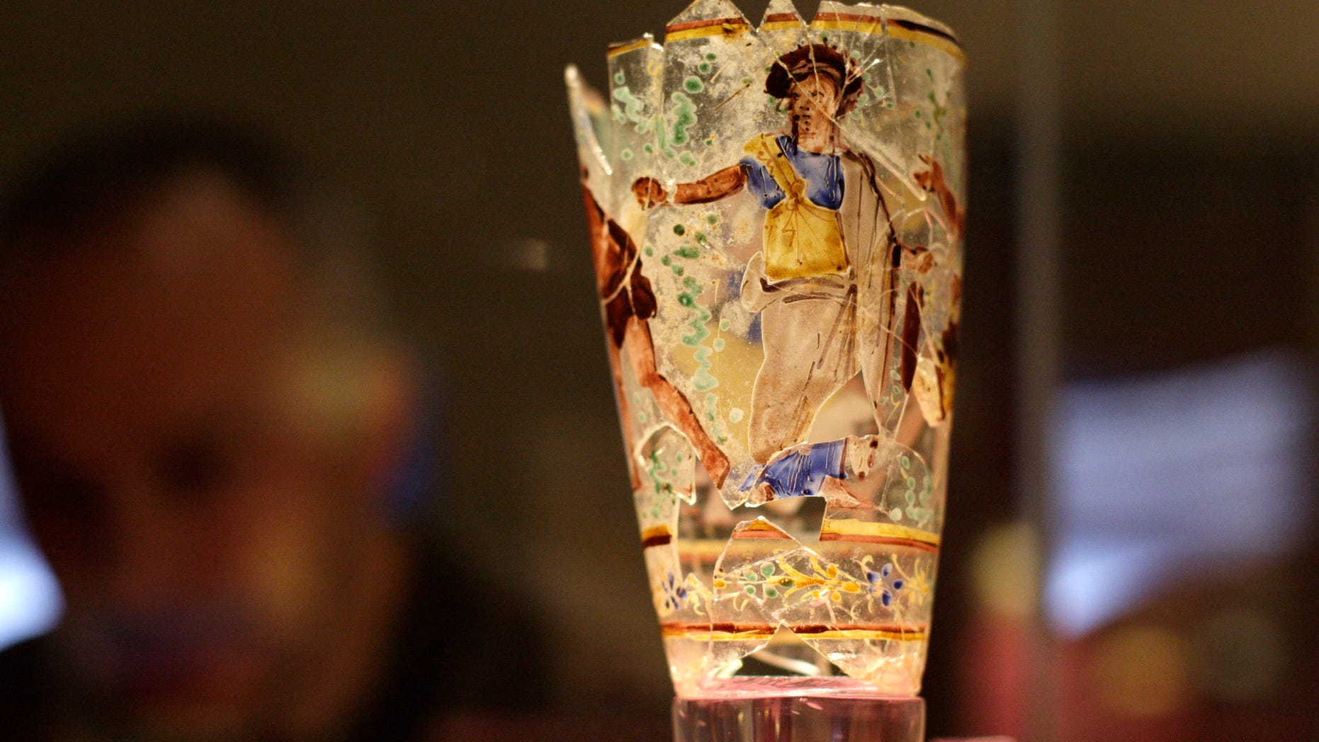 March 1: A 1st century AD Roman Egyptian enameled glass goblet discovered in Begram, Afghanistan, is seen on display in an exhibition entitled 'Afghanistan: Crossroads of the Ancient World', at the British Museum in London. The exhibition is showcasing over 200 objects belonging to the National Museum of Afghanistan accompanied by select items from the British Museum.