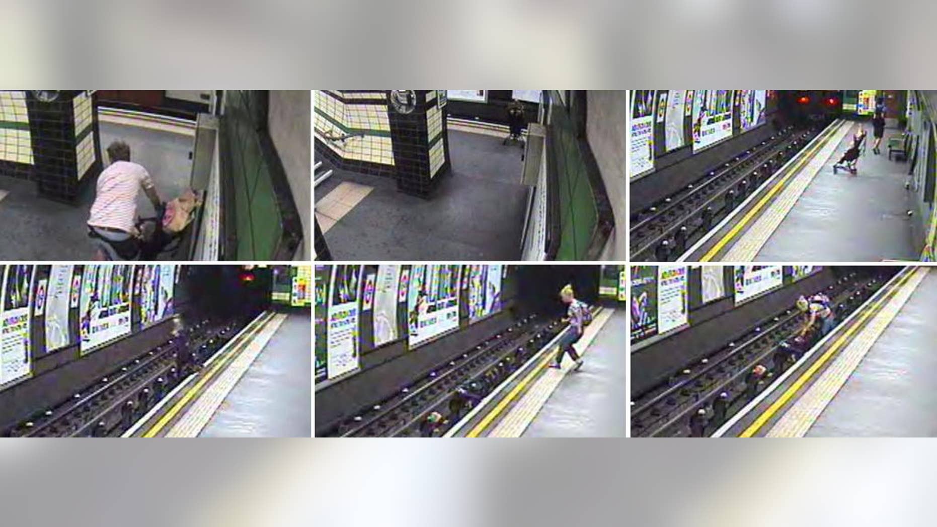 July 23, 2014 - Photos from video of child in stroller blown onto London subway tracks (AP/British Transport Police)