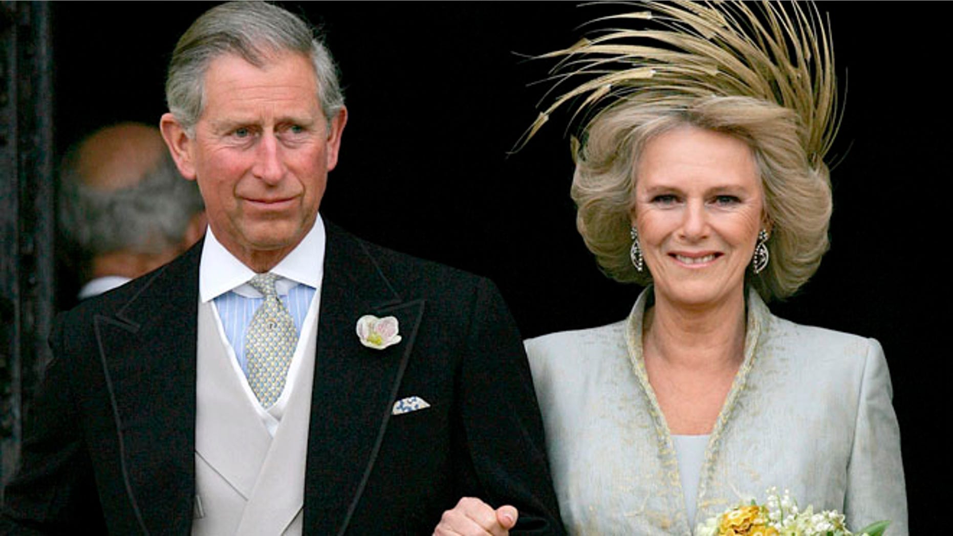 April 9, 2005 Prince Charles and his bride Camilla Duchess of Cornwall as they leave St George's Chapel in Windsor, England following the church blessing of their civil wedding ceremony.