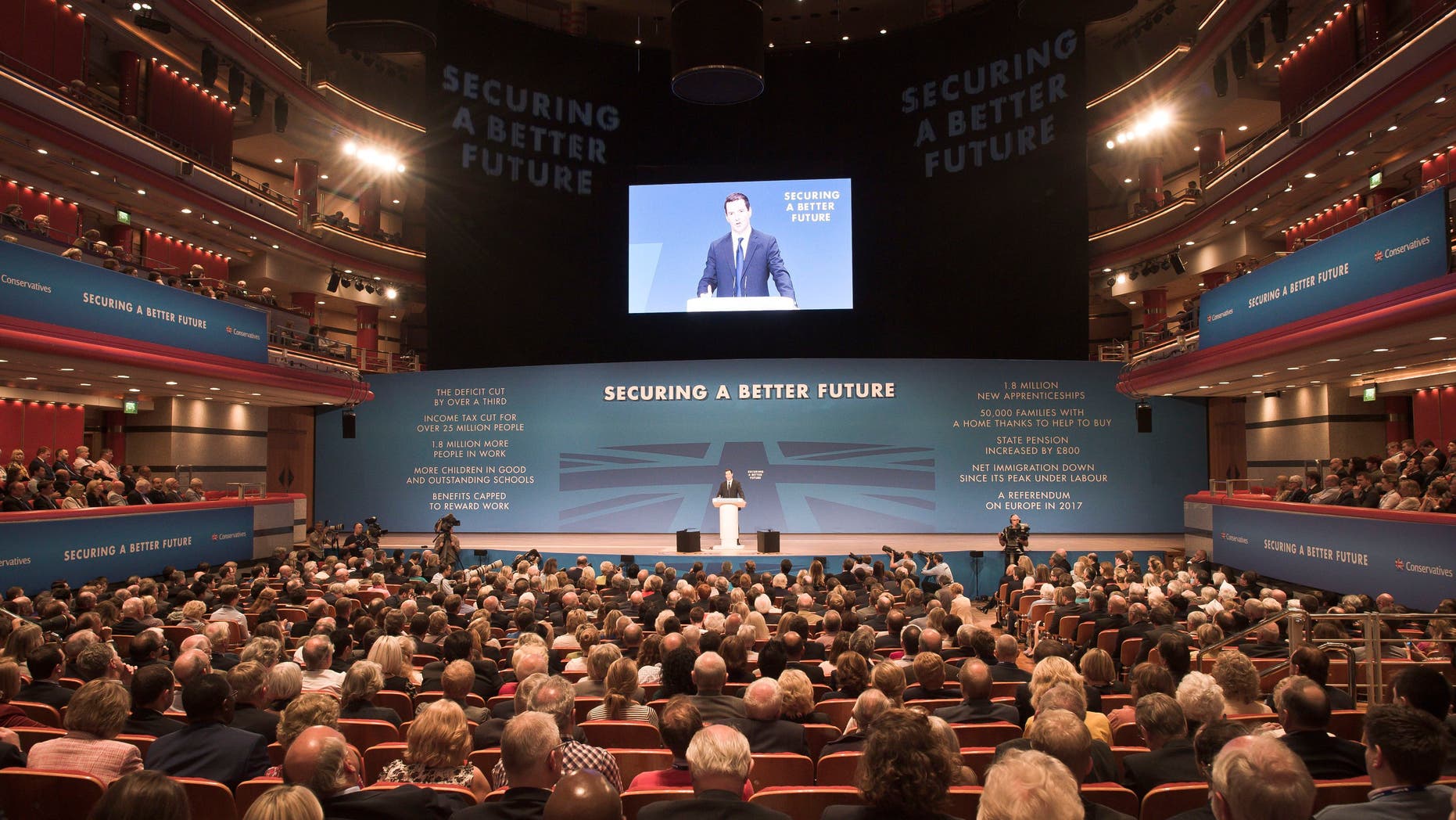 Sept. 29, 2014 - Britain's economic cabinet minister, Chancellor of the Exchequer, George Osborne, speaks at the annual Conservative Party conference in Birmingham, England. Britain's governing Conservatives were struggling to focus attention on their economic policies after a government minister sent an explicit photo to a tabloid journalist posing on Twitter as a young party supporter.
