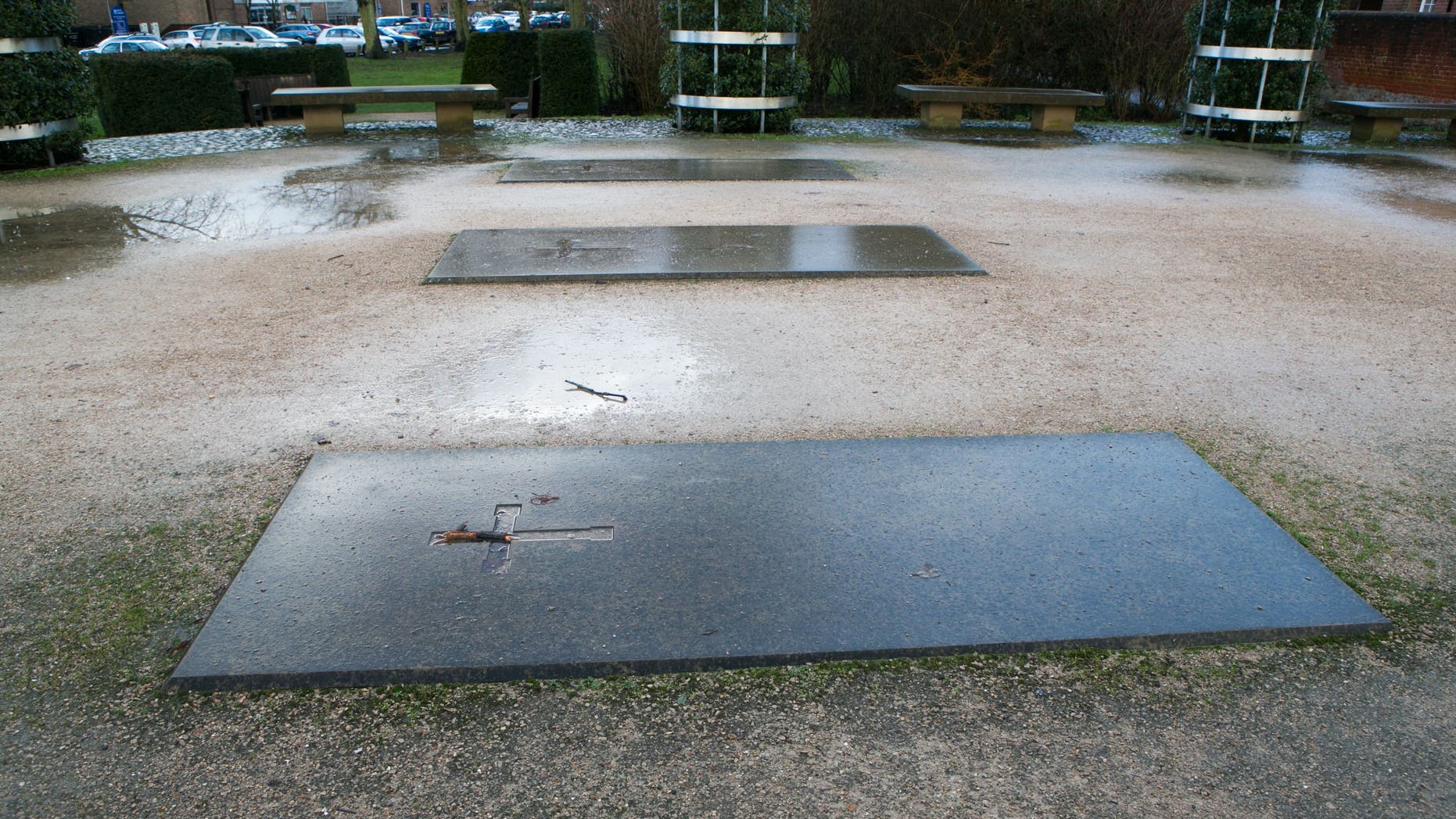 Jan. 17, 2014 - Three grave stones mark the site where Hyde Abbey once stood in Winchester, England. Researchers said Friday they may have discovered remains of King Alfred the Great, the 9th-century royal remembered for protecting England from the Vikings and educating a largely illiterate nation.