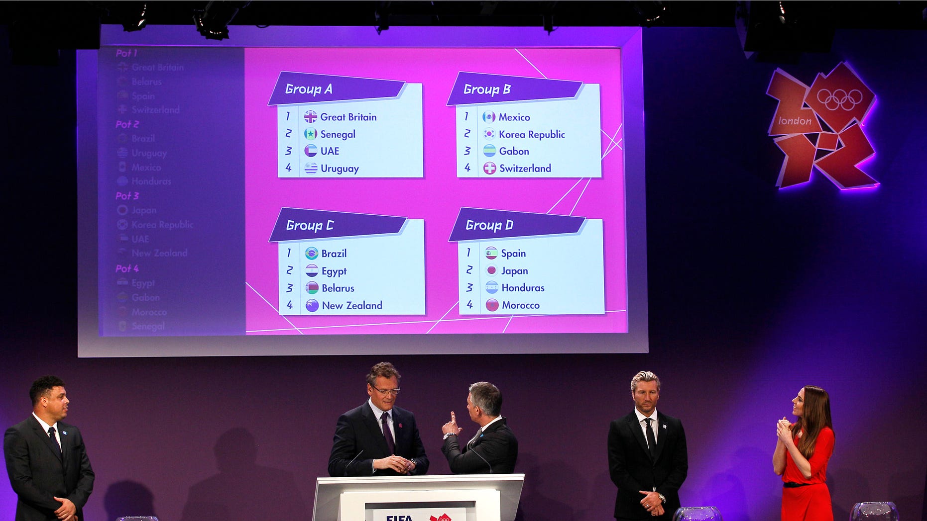 The draw for the London 2012 Olympic soccer tournament takes place at Wembley Stadium in London, Tuesday, April 24, 2012. (AP Photo/Kirsty Wigglesworth)