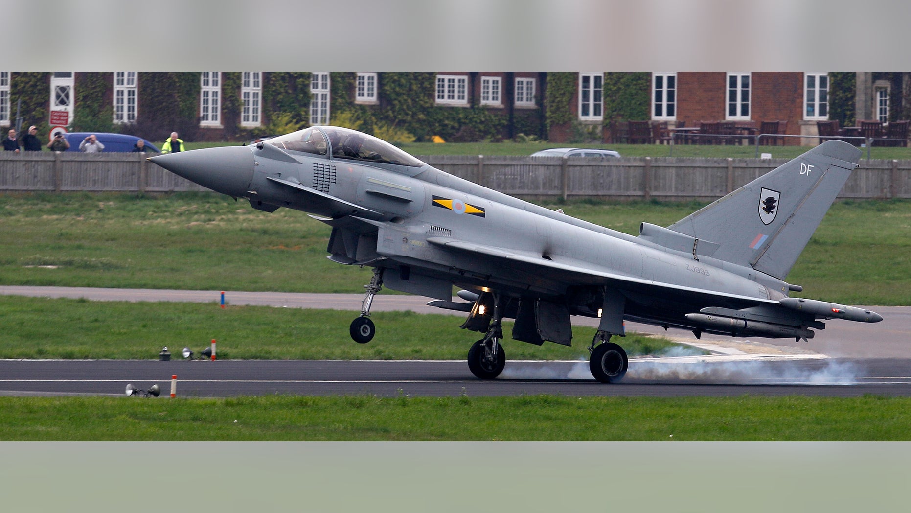 May 2, 2012: An RAF Typhoon fighter aircraft lands at RAF base Northolt, where four of the aircraft will be based as part of the Olympics related security exercise in west London.