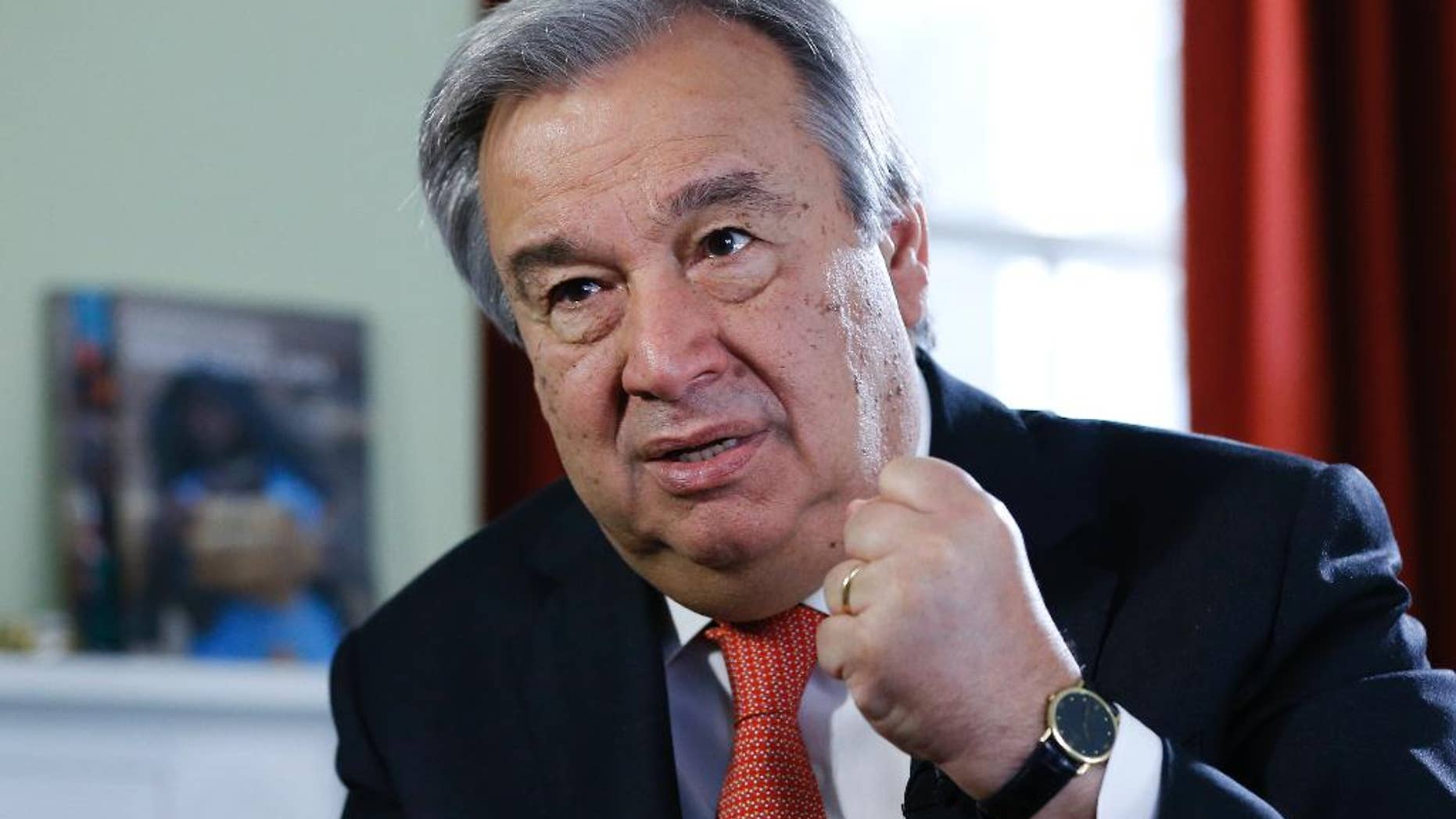 Antonio Guterres, United Nations High Commissioner for Refugees, during an interview with the Associated Press, in London, Tuesday, Nov. 4, 2014. The U.N. Refugee Agency has launched a 10-year campaign with the goal of eliminating the "stateless" status affecting millions of people throughout the world. (AP Photo/Kirsty Wigglesworth)