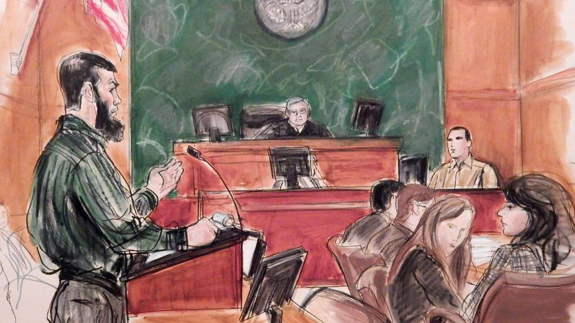 FILE - In this Feb. 18, 2015, courtroom file sketch, Abid Naseer, left, accused of being an al-Qaida operative, questions Najibulla Zazi, center right, a cooperating government witness, as Assistant U.S. Attorney Zainab Ahmad, far right, observes Naseer, and Judge Raymond Dearie listens from the bench in federal court in the Brooklyn borough of New York, where Naseer is acting as as his own attorney. During closing arguments Monday, Feb. 23, Nasser denied being part of a terror conspiracy to attack targets in America and Europe. In her closing argument, Ahmed told jurors that the arrests of Naseer and other members of a terror cell in Manchester, England in 2009 averted mass murder there. The government alleges Naseer had received bomb-making instruction in Pakistan in 2008. (AP Photo/Elizabeth Williams, File)