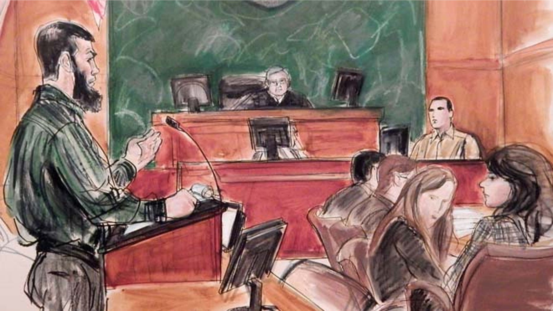 Feb. 18, 2015: In this courtroom file sketch, Abid Naseer, left, accused of being an Al Qaeda operative, questions Najibulla Zazi, center right, a cooperating government witness, as Assistant U.S. Attorney Zainab Ahmad, far right, observes Naseer, and Judge Raymond Dearie listens from the bench in federal court in the Brooklyn borough of New York, where Naseer is acting as as his own attorney. (AP)