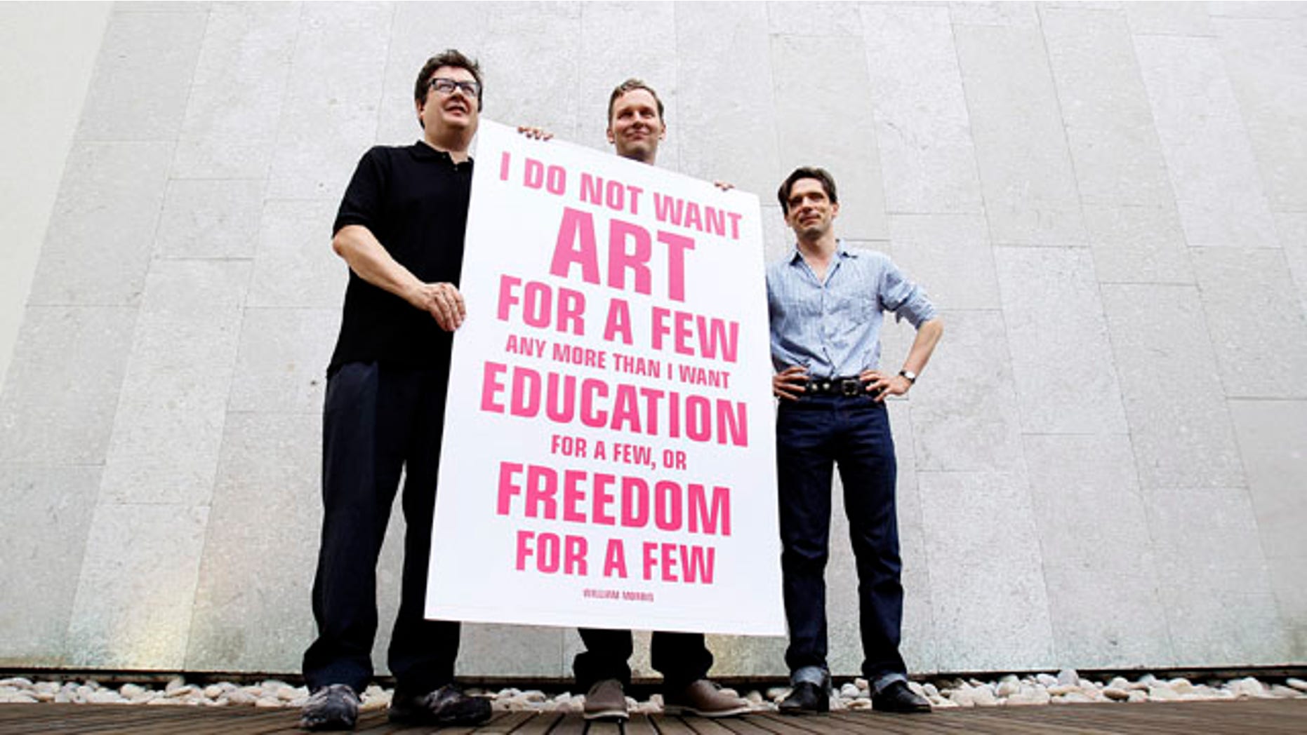 September 10: British artists Mark Wallinger, David Shrigley, and Jeremy Deller, pose for the media as they launch a campaign to lobby against the Governments proposed 25 per cent cuts in arts funding, in London. (AP)