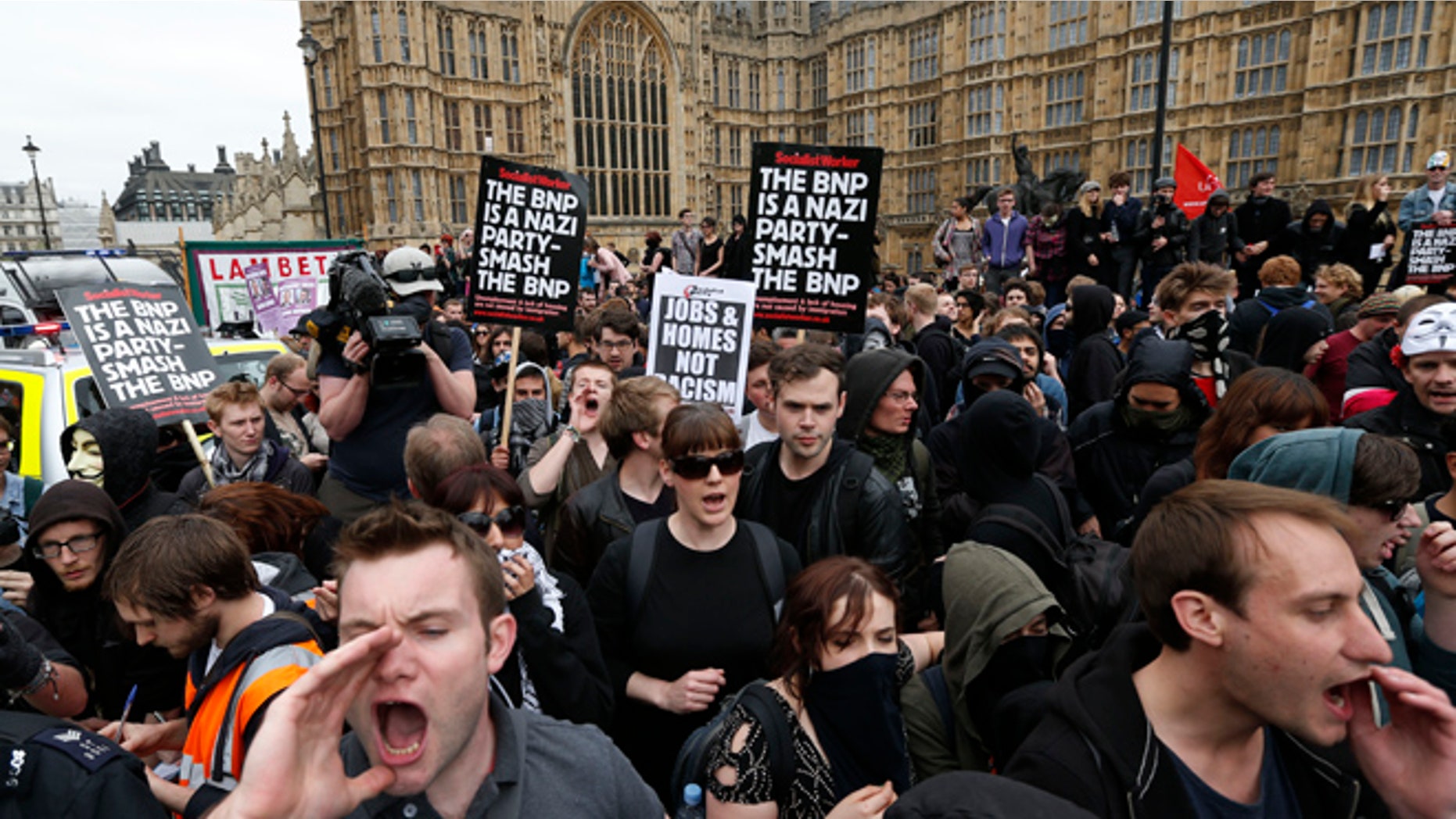 June 1, 2013: Anti-fascist demonstrators shout slogans against members of the British National Party (BNP) , not seen, who gathered for a demonstration in central London. British National Party supporters gathered to protest the May 22 killing of British soldier Lee Rigby.