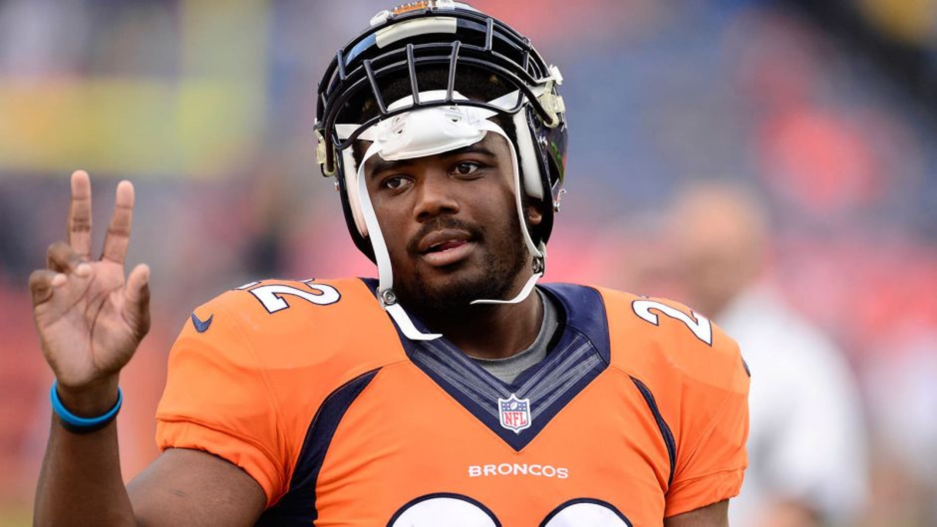 Sep 3, 2015; Denver, CO, USA; Denver Broncos running back C.J. Anderson (22) before the preseason game against the Arizona Cardinals at Sports Authority Field at Mile High. Mandatory Credit: Ron Chenoy-USA TODAY Sports