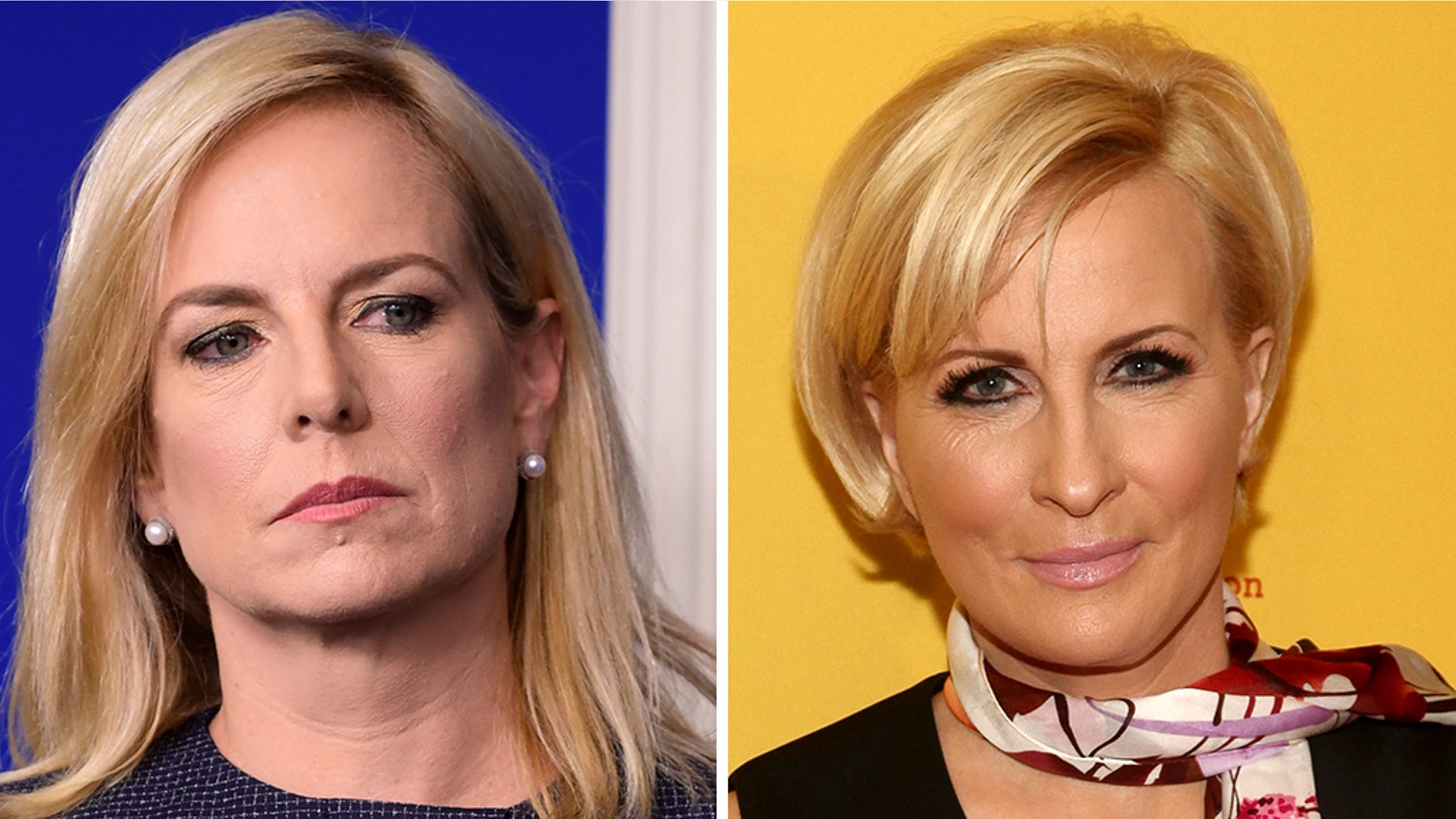 Mika Brzezinski, co-host of MSNBC's "Morning Joe," right, unloaded on Homeland Security Secretary Kirstjen Nielsen, left, in a tweetstorm on Monday as the DHS official spoke out on the outcry over the separation of some children from their parents at the U.S.-Mexico border.
