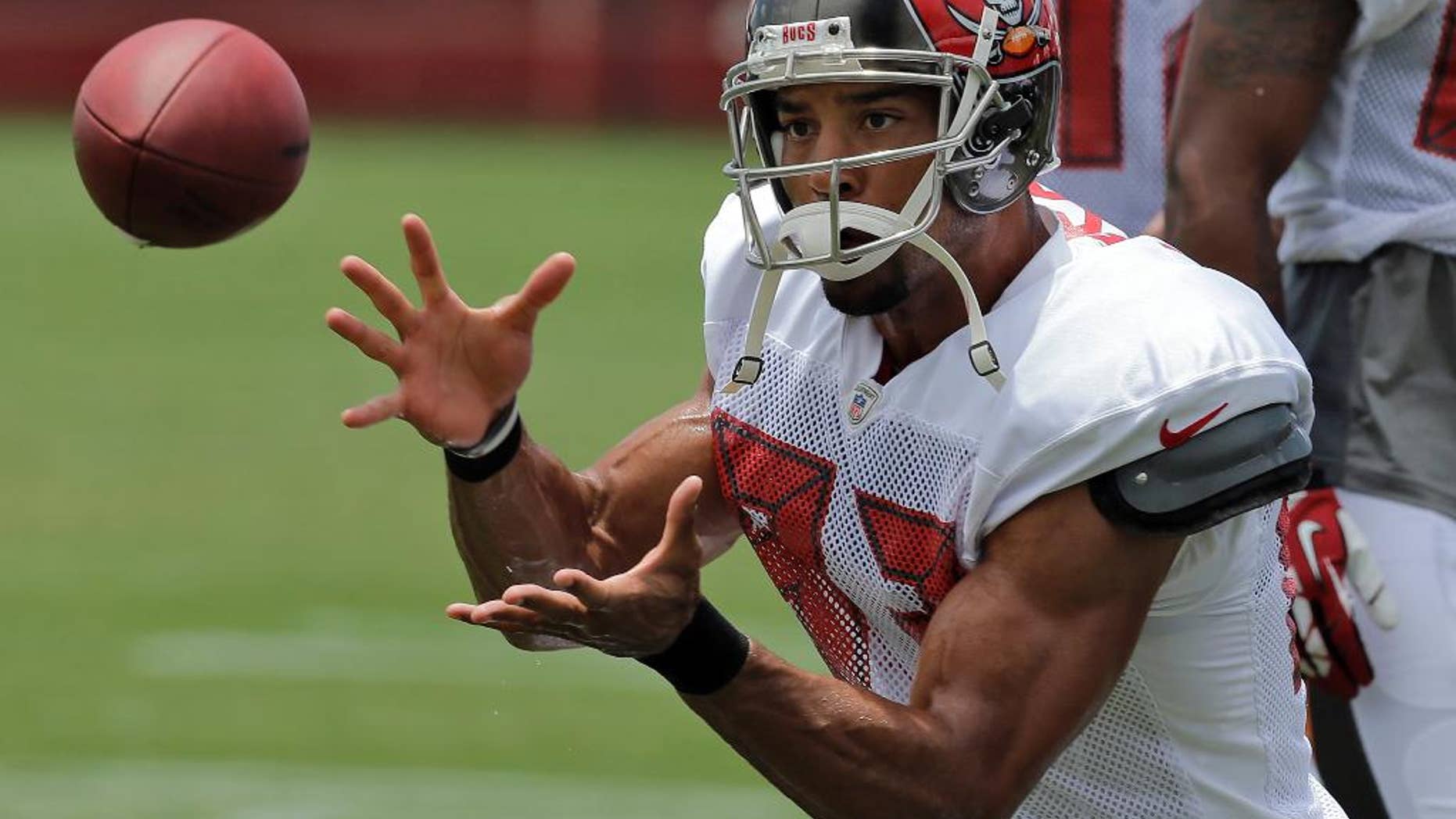 FILE - In this July 28, 2014 file photo, Tampa Bay Buccaneers wide receiver Vincent Jackson catches a pass during an NFL football training camp in Tampa, Fla. Jackson says he's about winning, and he believes the Bucs are ready to do more of that. (AP Photo/Chris O'Meara, File)
