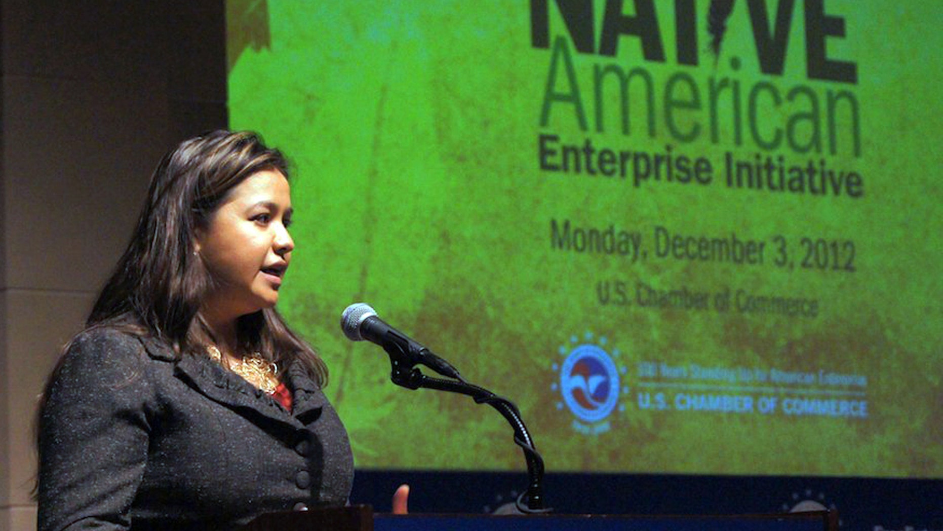 Dec. 3, 2012: In this photo provided by the Navajo Nation Washington Office, Navajo Nation executive director Clara Pratte addresses economic development during the Navajo Nation meeting of the Native American Enterprise Initiative, in Washington.