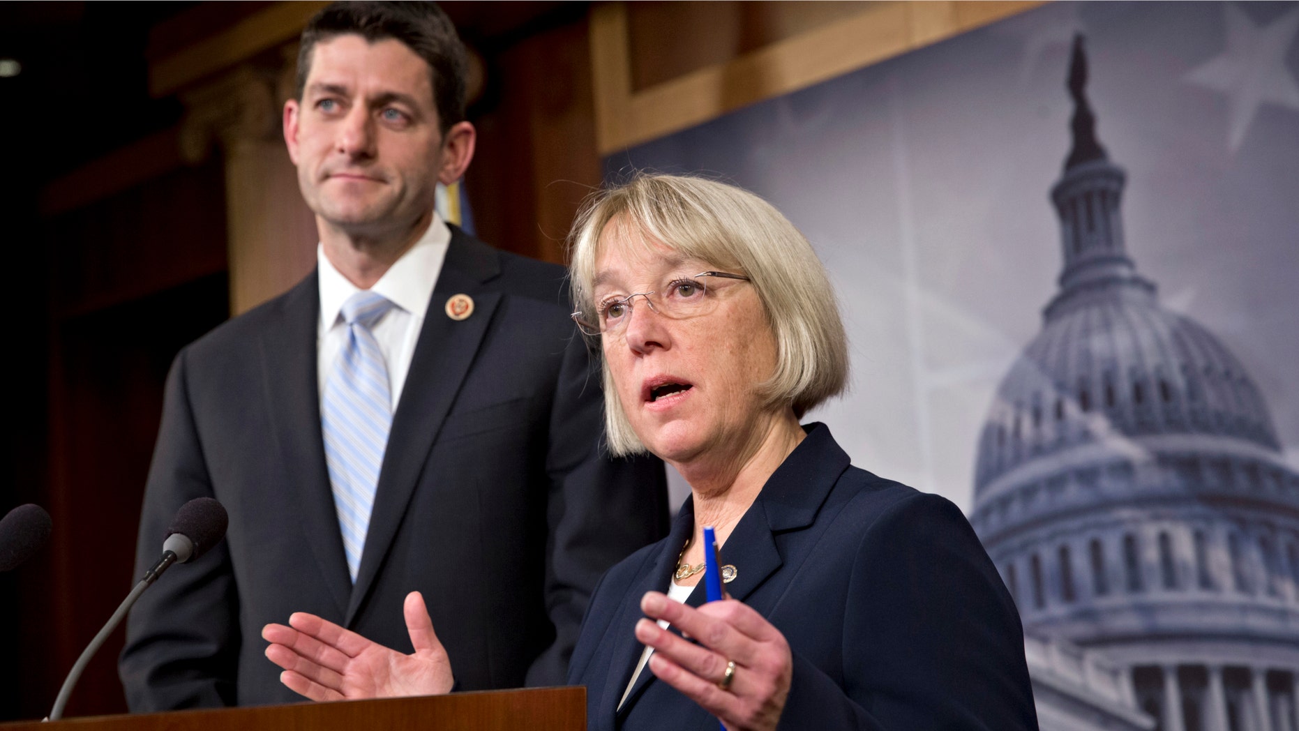 House Budget Committee Chairman Paul Ryan, R-Wis., left, and Senate Budget Committee Chairwoman Patty Murray, D-Wash., announce a tentative agreement between Republican and Democratic negotiators on a government spending plan, at the Capitol in Washington, Tuesday, Dec. 10, 2013. Negotiators reached the modest budget agreement to restore about $65 billion in automatic spending cuts from programs ranging from parks to the Pentagon, with votes expected in both houses by week's end. (AP Photo/J. Scott Applewhite)