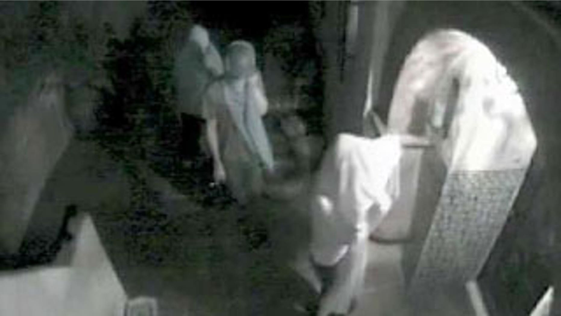 A video still from a surveillance camera provided by the Los Angeles Police Department shows three suspects attempting to enter the Hollywood Hills home of actress Lindsay Lohan in August 2009 in Los Angeles.