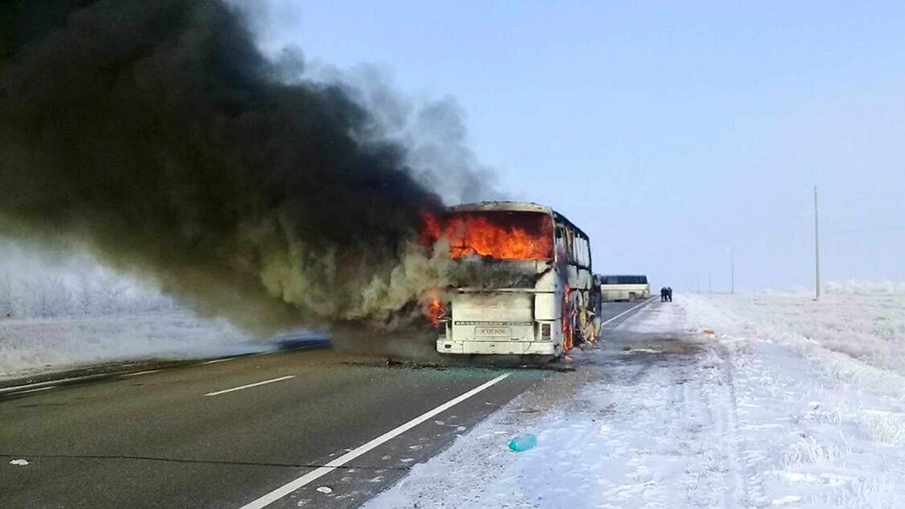 Jan. 18: A bus burns on a road in near the village of Kalybai in Kazakhstan. Dozens dies in the fire.