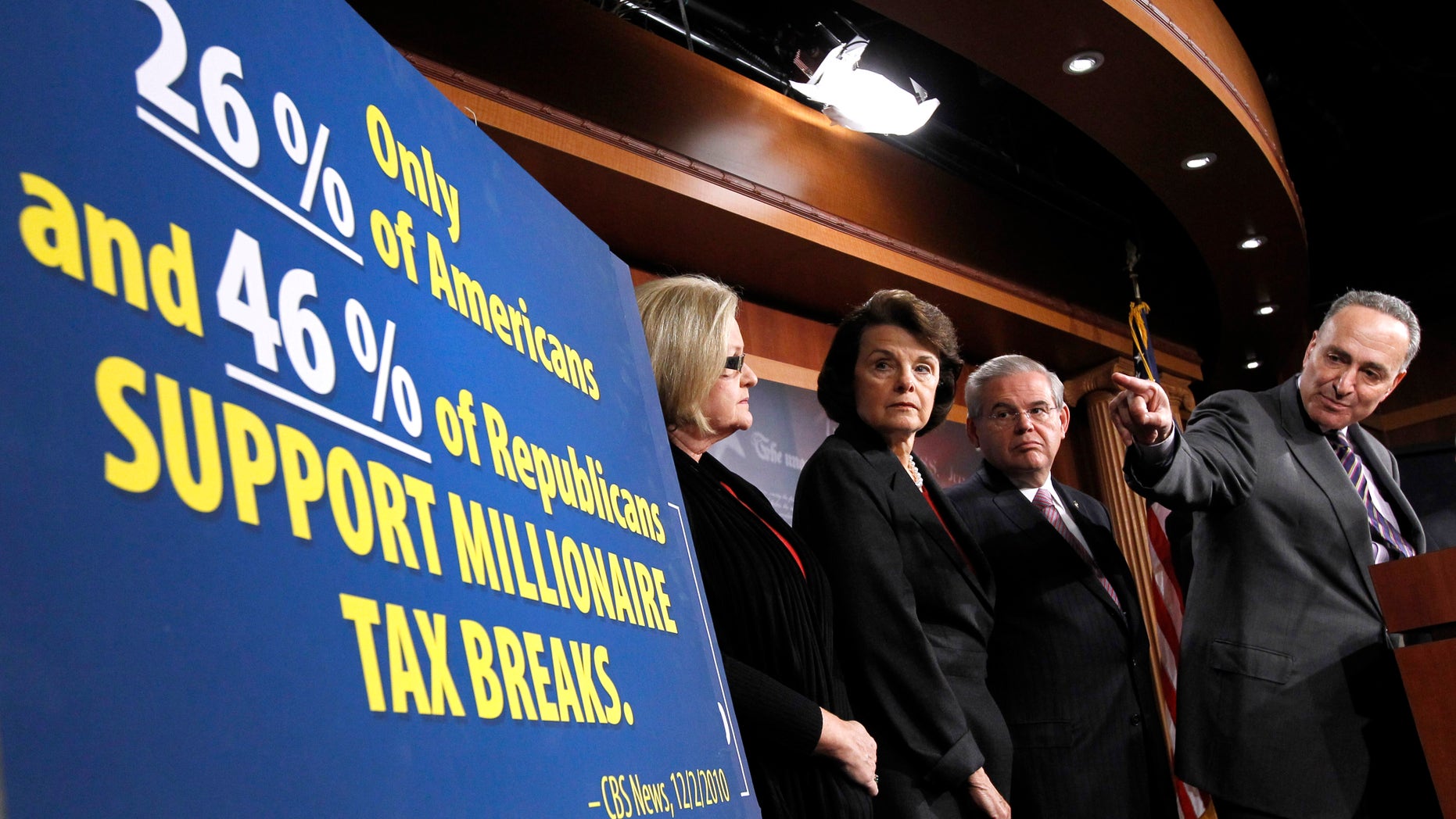 Dec. 3 From left, Sen. Claire McCaskill, D-Mo., Sen. Dianne Feinstein, D-Calif., Sen. Robert Menendez, D-N.J., and Sen. Charles Schumer, D-N.Y., take part in a news conference on Capitol Hill to discuss proposals to continue the Bush era tax cuts.