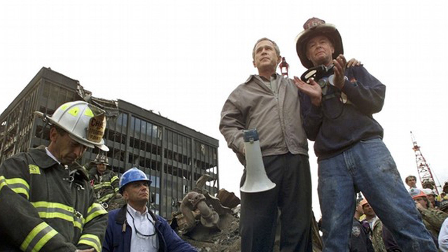 Sept. 14, 2001: President George W. Bush addresses rescue workers at Ground Zero