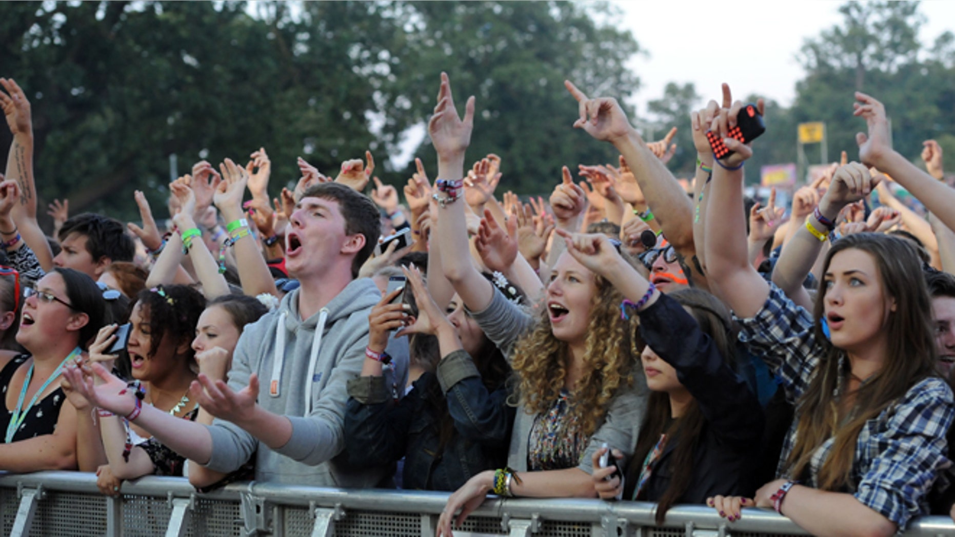 CHELMSFORD, ENGLAND - AUGUST 17: Festival Goers watch Tinie Tempah perform on Day 2 of the V Festival at Hylands Park on August 17, 2014 in Chelmsford, England. (Photo by Stuart C. Wilson/Getty Images)