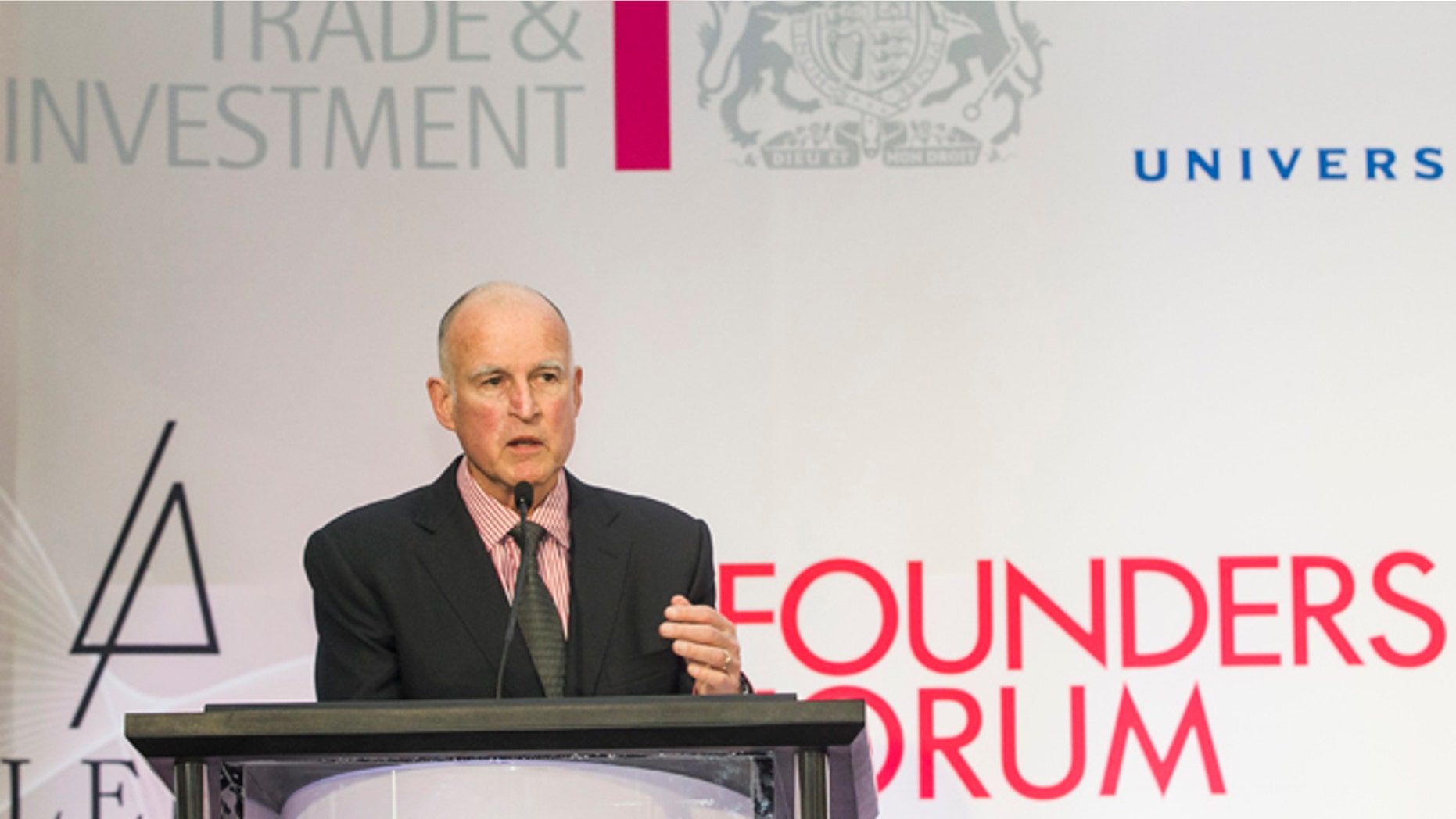 Feb. 4, 2013: California Gov. Jerry Brown addresses the Founders Forum 2013 innovation forum, organized by UK Trade & Investment with Hollywood media companies in Los Angeles.