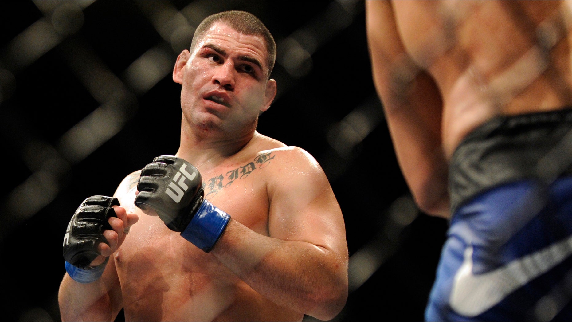 Cain Velasquez of San Jose looks at Junior dos Santos of Brazil during their UFC 155 heavyweight championship mixed martial arts match at the MGM Grand Garden Arena Saturday, Dec, 29, 2012 in Las Vegas. (AP Photo/David Becker)