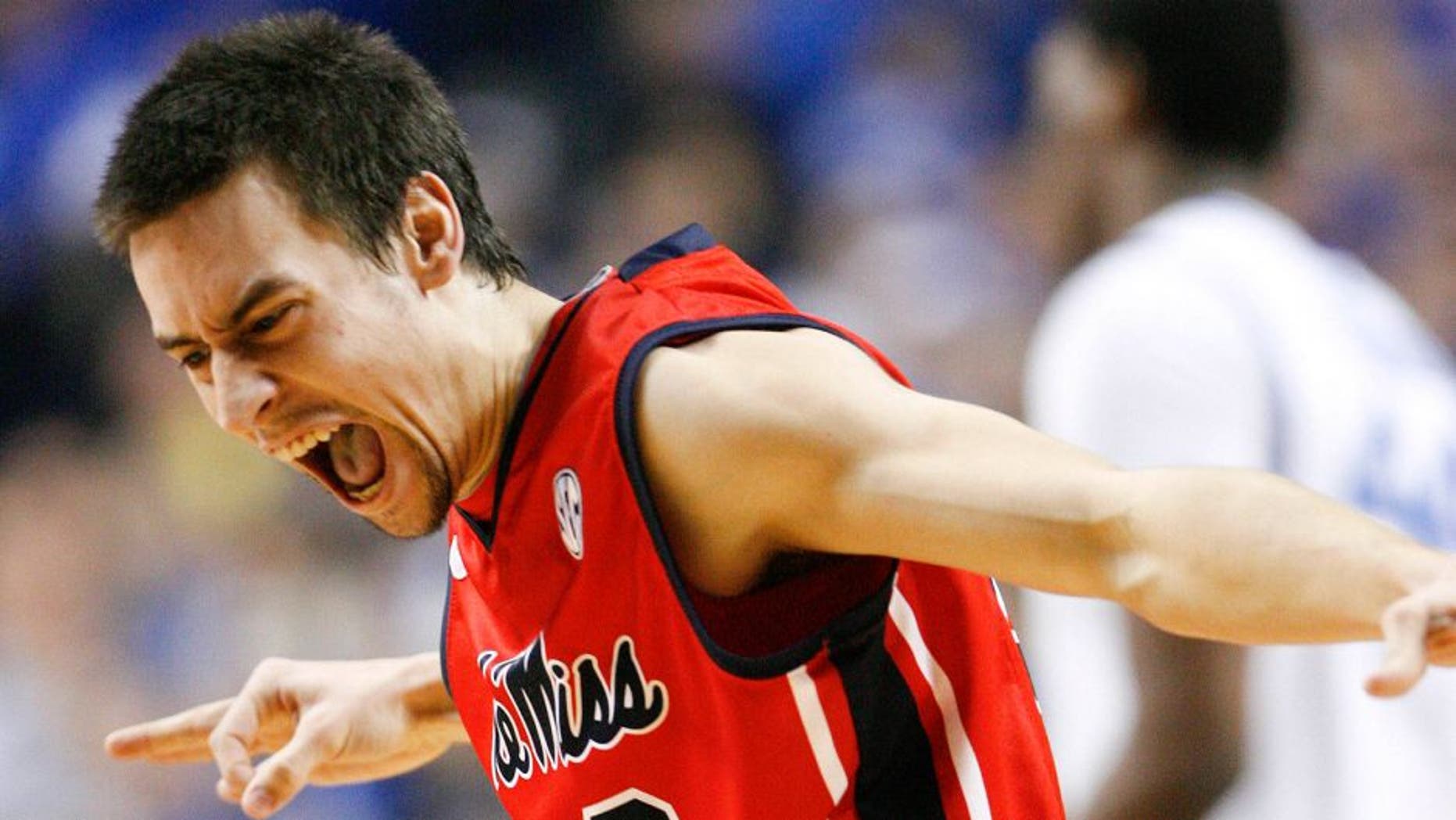 Feb 4, 2014; Lexington, KY, USA; Mississippi Rebels guard Marshall Henderson (22) reacts during the game against the Kentucky Wildcats at Rupp Arena. Mandatory Credit: Mark Zerof-USA TODAY Sports