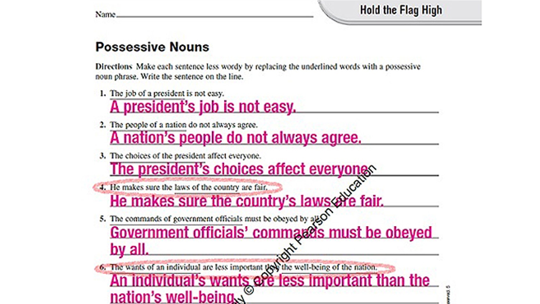 In this worksheet, certain questions are misleading students on the basics of the US political system. Pearson Education, who produced this lesson worksheet told FoxNews.com that they are reviewing the worksheets and will make necessary changes for future copies.