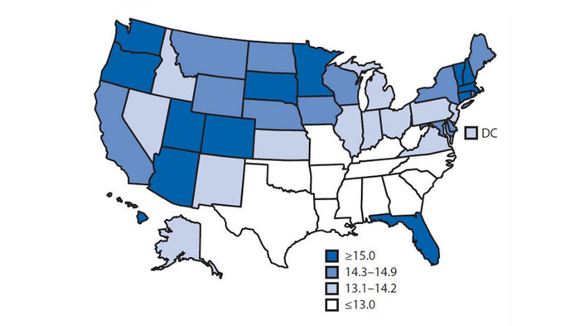 A map of the United States showing healthy life expectancy - how many years a person can be expected to live in good health - by state.