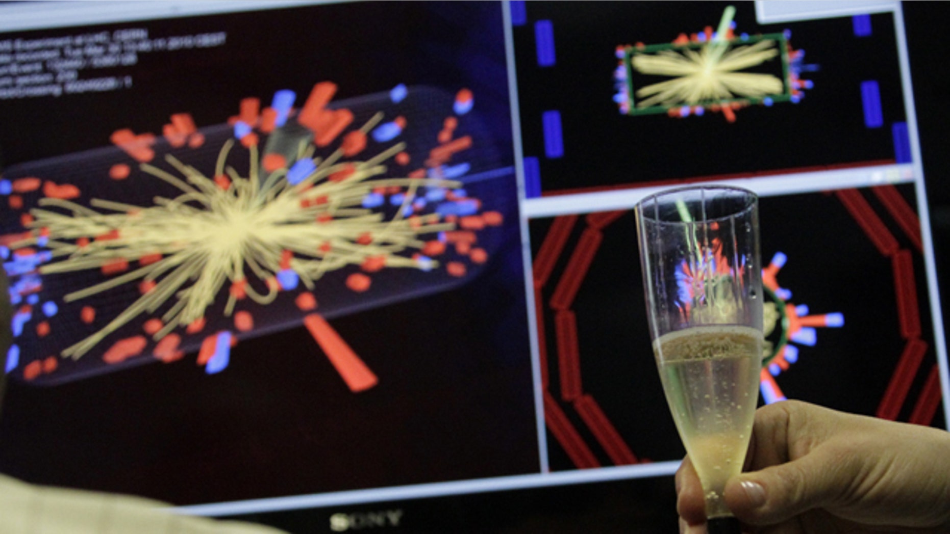 A scientist holds a glass of champagne after the first successful collisions at full power at the Compact Muon Solenoid (CMS) experience control room at the Large European Organisation for Nuclear Research (CERN) in Meyrin, near Geneva March 30, 2010.