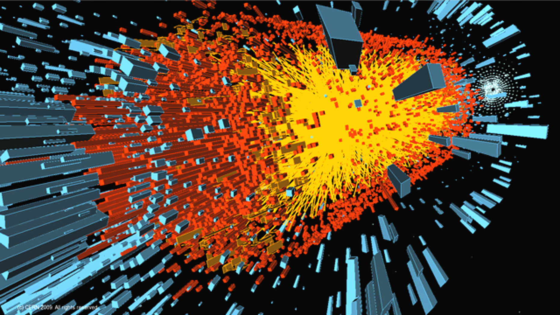A computer simulation of the first lead ion collision in the Large Hadron Collider, a simulation of the events immediately after the Big Bang.
