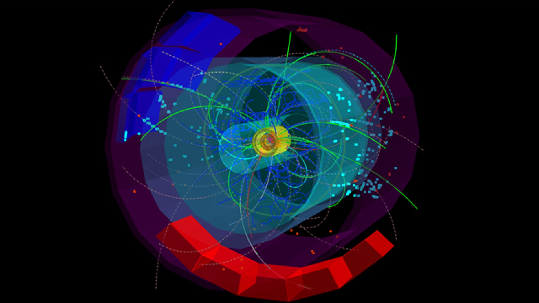 Particle tracks fly out from the heart of the one of the first collisions in the Large Hadron Collider at a total energy of 7 TeV.