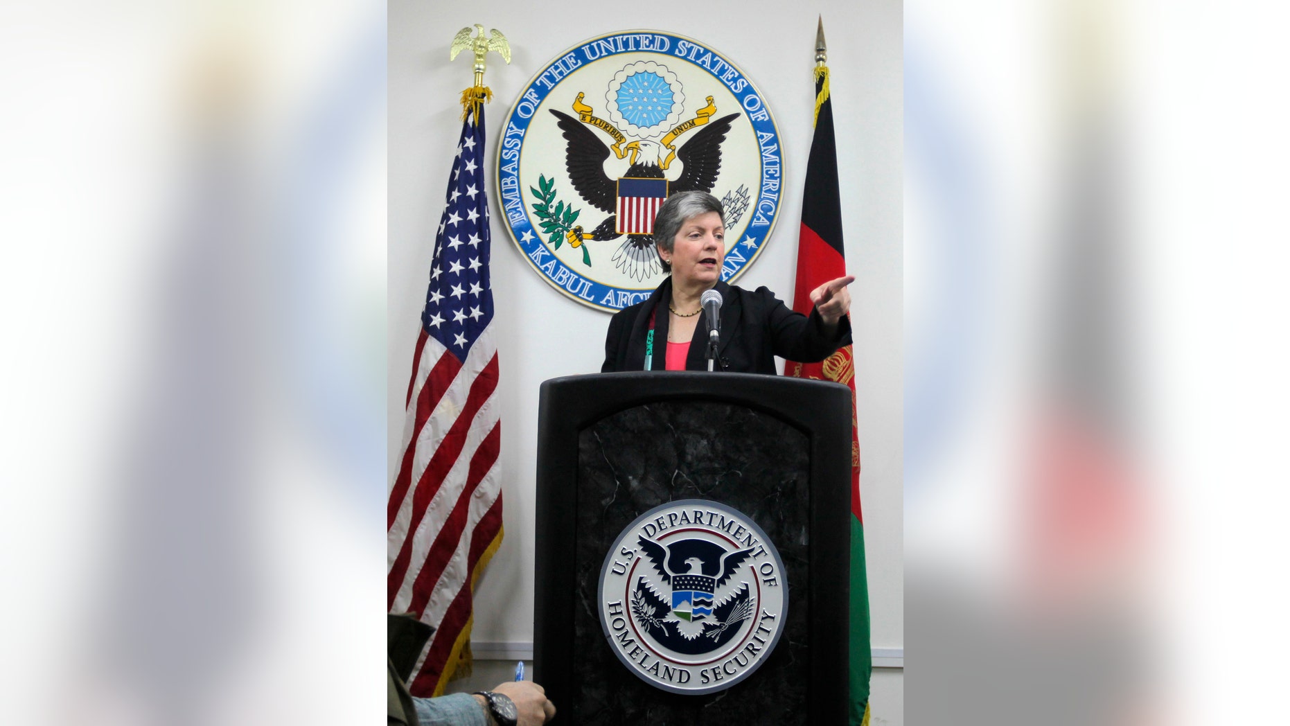 U.S. Homeland Security Secretary Janet Napolitano addresses media at the U.S. embassy in Kabul, Afghanistan, Saturday, Jan. 1, 2011. Napolitano said on Saturday she will send more U.S. experts to train Afghan police and customs officials to better manage the country's porous border crossings.