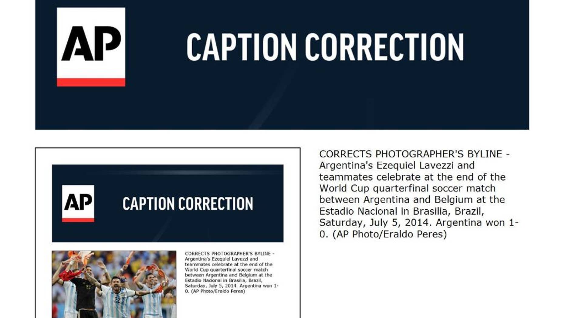 CORRECTS PHOTOGRAPHER'S BYLINE - Argentina's Ezequiel Lavezzi and teammates celebrate at the end of the World Cup quarterfinal soccer match between Argentina and Belgium at the Estadio Nacional in Brasilia, Brazil, Saturday, July 5, 2014. Argentina won 1-0. (AP Photo/Eraldo Peres)