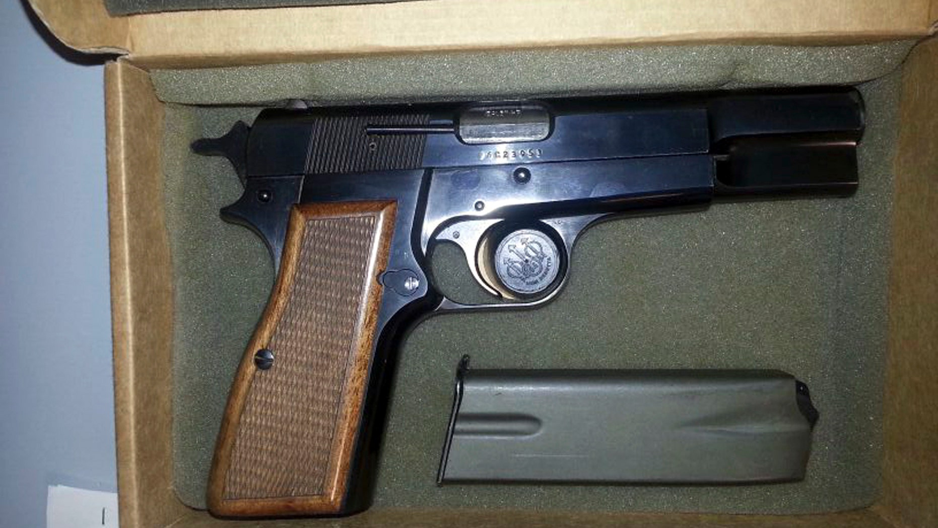 This photo provided by Alitalia shows the Browning HP 9mm handgun used to shoot Pope John Paul II in the abdomen in St. Peter's Square at the Vatican, on May 13, 1981.