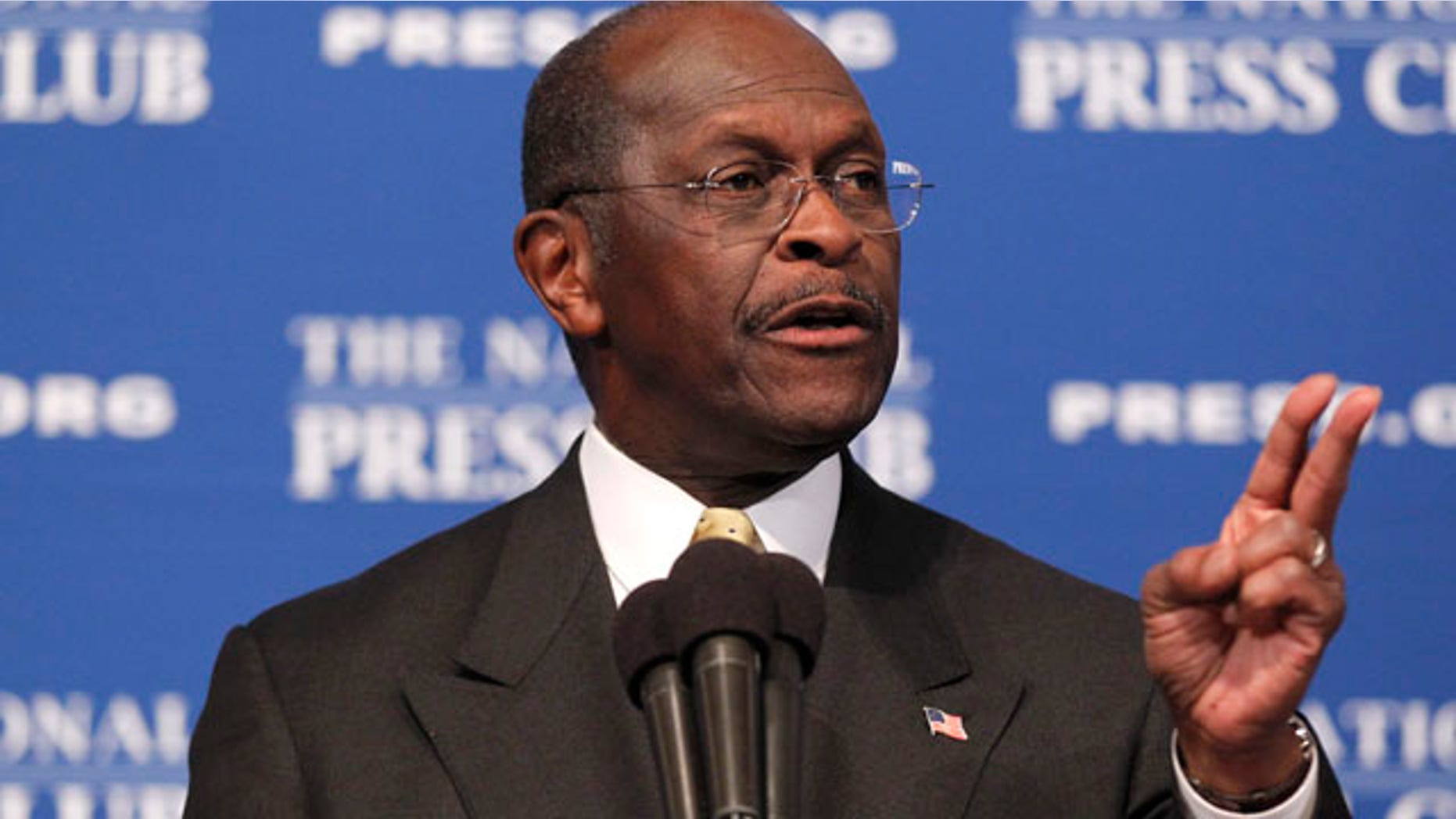 Republican presidential candidate, Herman Cain answers questions at the National Press Club in Washington, Monday, Oct., 31, 2011. Denying he sexually harassed anyone, Cain said Monday he was falsely accused in the 1990s while he was head of the National Restaurant Association, and he branded revelation of the allegations a "witch hunt.". (AP Photo/Pablo Martinez Monsivais)