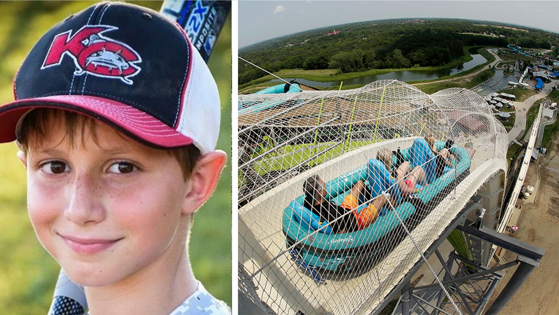 Caleb Schwab, left, was decapitated while riding the Verruckt water slide at Schlitterbahn Kansas City in August 2016.