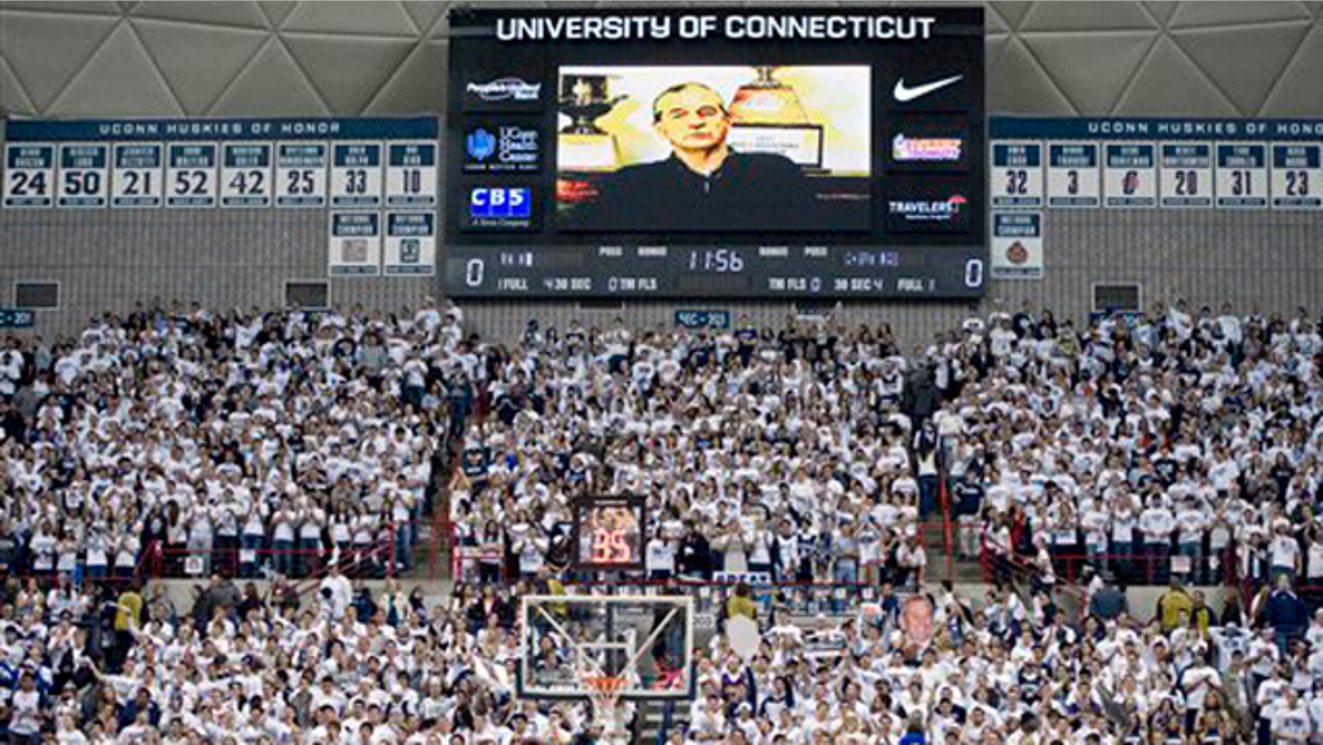 Feb. 25, 2012: Connecticut head coach Jim Calhoun addresses fans prior to an NCAA college basketball game against Syracuse in Storrs, Conn.