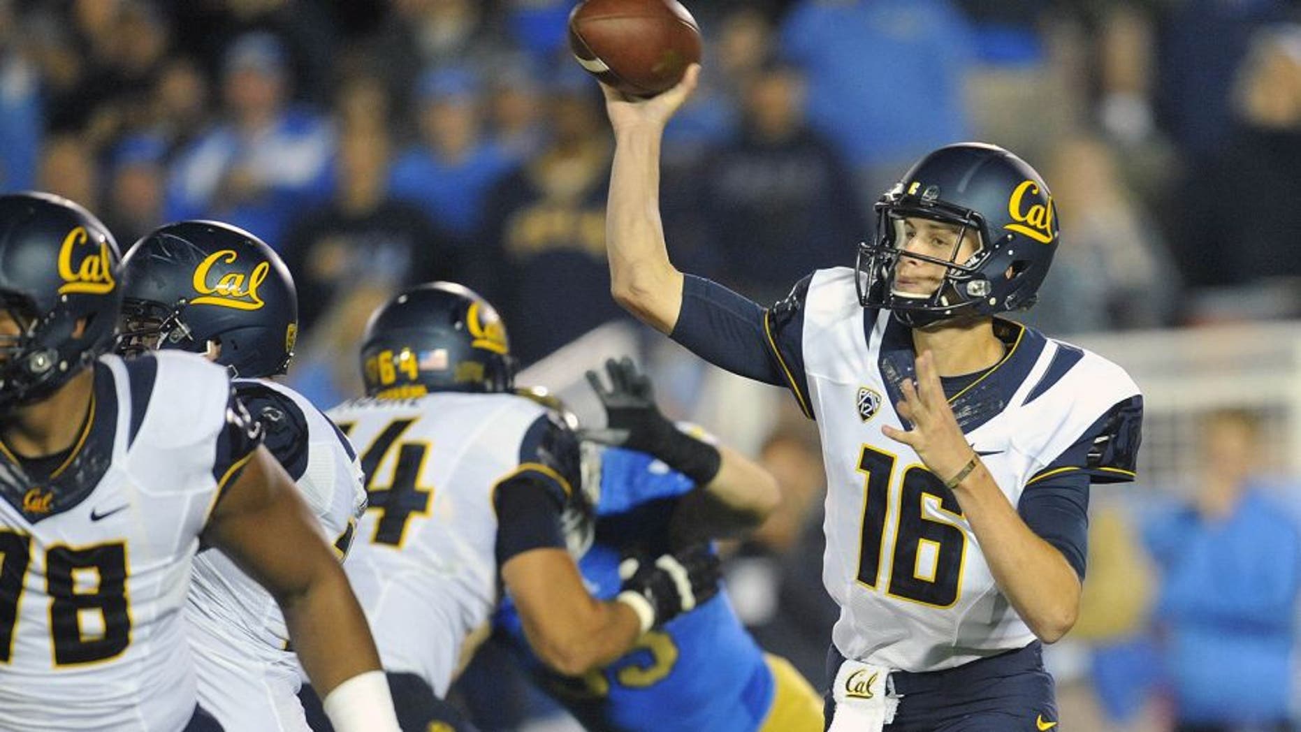 October 12, 2013; Pasadena, CA, USA; California Golden Bears quarterback Jared Goff (16) throws a pass against the UCLA Bruins during the first half at the Rose Bowl. Mandatory Credit: Gary A. Vasquez-USA TODAY Sports
