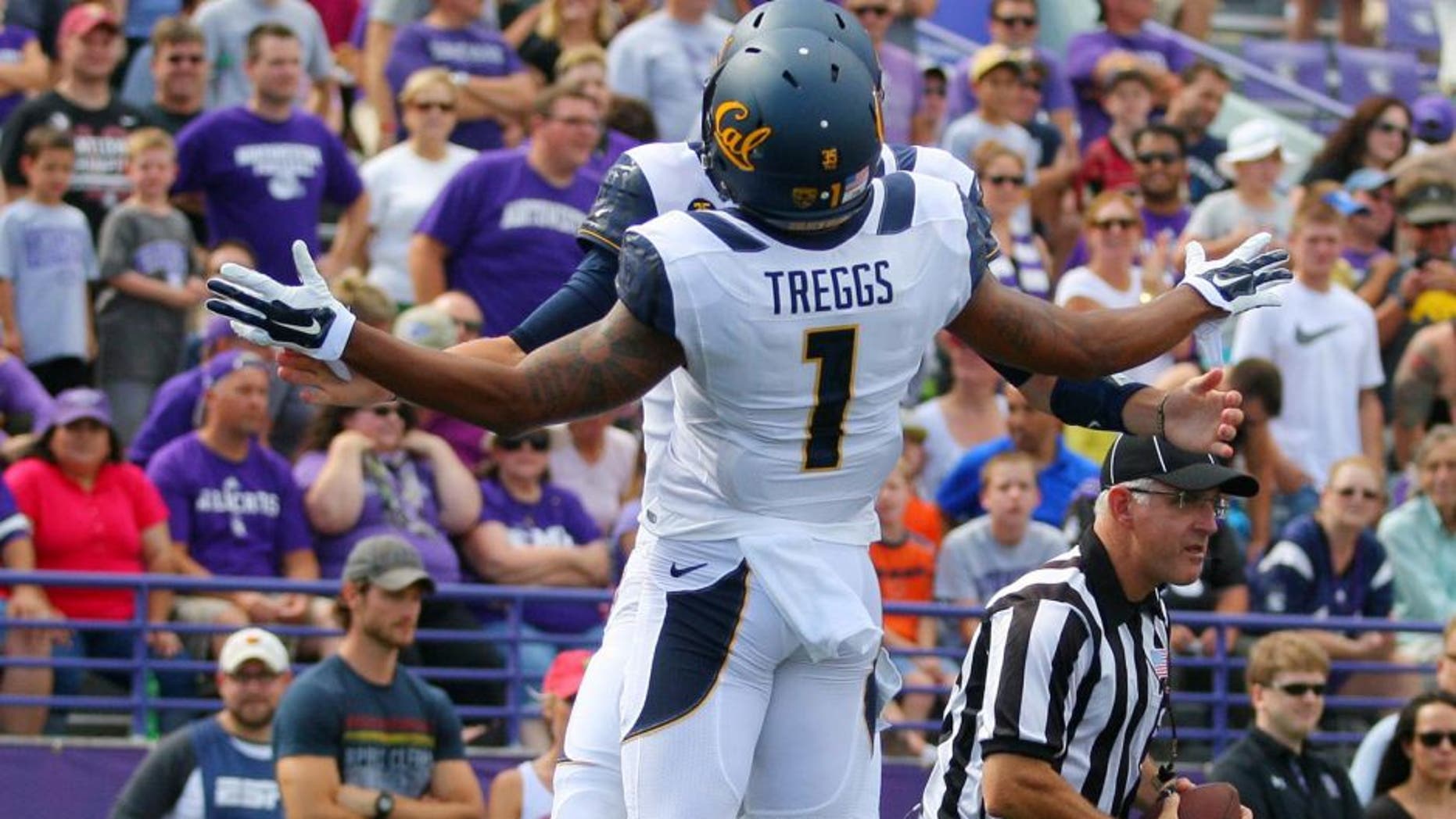 Aug 30, 2014; Evanston, IL, USA; California Golden Bears wide receiver Bryce Treggs (1) celebrates his touchdown with wide receiver Darius Powe (10) during the first half against the Northwestern Wildcats at Ryan Field. Mandatory Credit: Dennis Wierzbicki-USA TODAY Sports