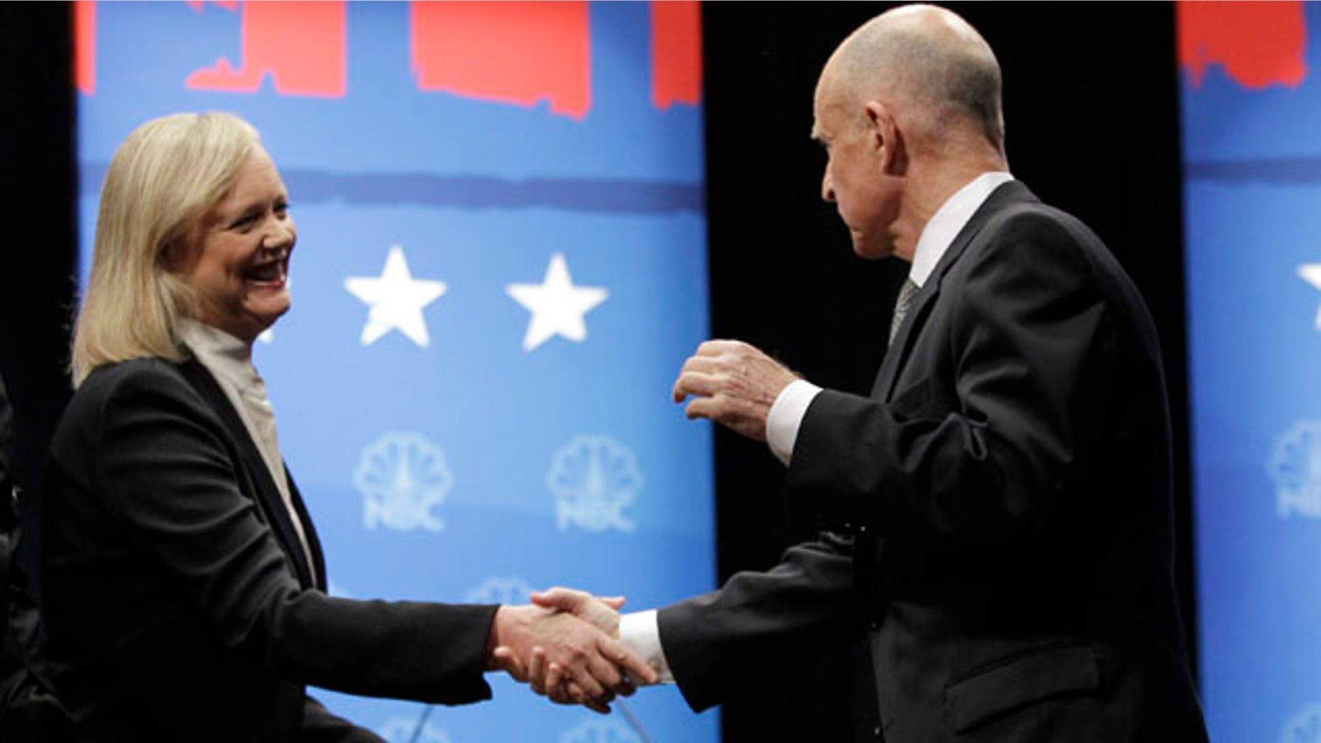 Oct. 12: California gubernatorial candidates Democrat Jerry Brown, right, and Republican Meg Whitman, left, shake hands during a debate at Dominican University of California in San Rafael, Calif. Combined, Brown and Whitman have hit record spending at more than $188.1 million in both the primary and general election.