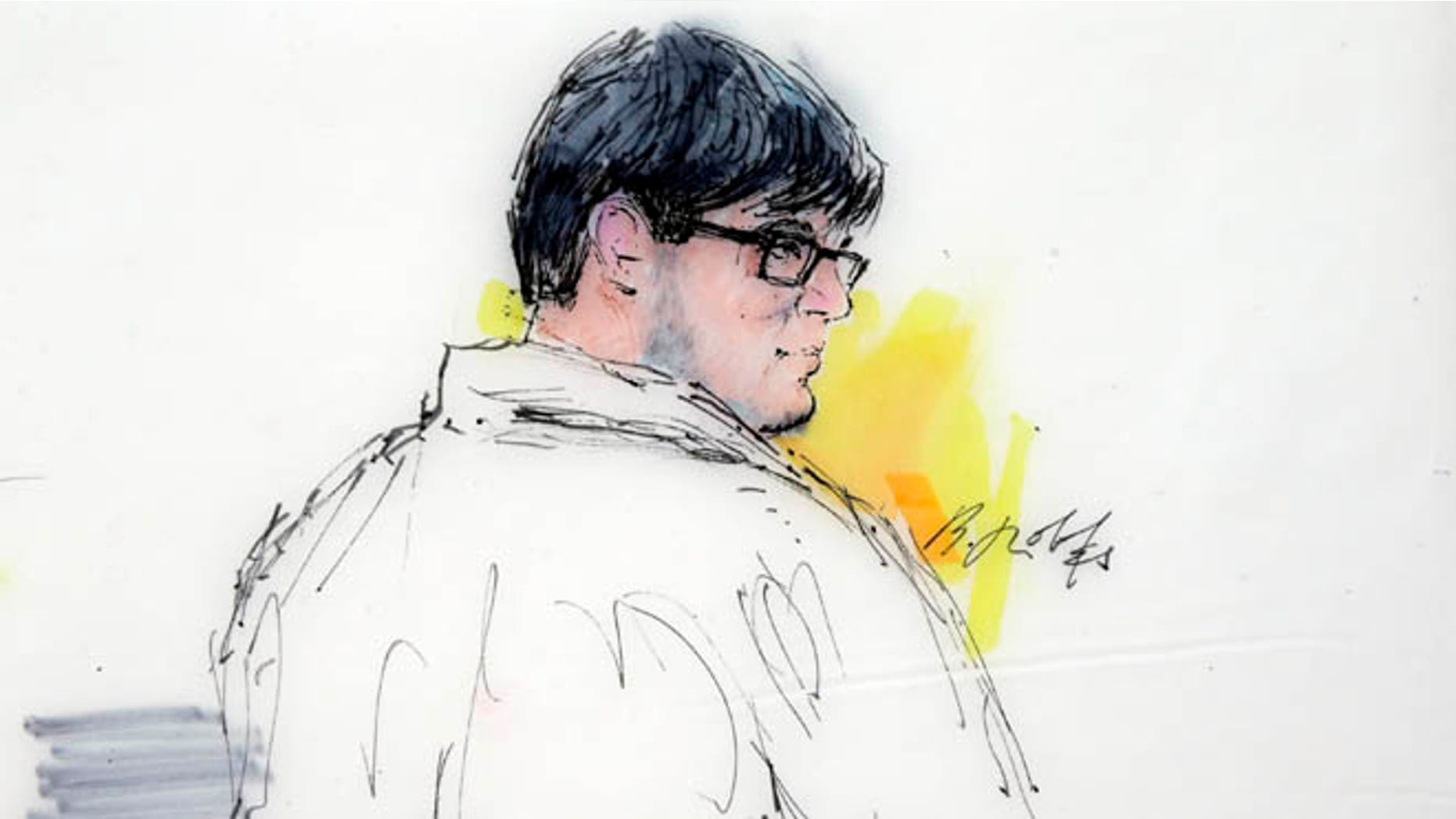 In this courtroom sketch, Enrique Marquez appears in federal court in Riverside, Calif., Monday, Dec. 21, 2015. Marquez, 24, who authorities say bought the assault rifles his friend used in the San Bernardino massacre appeared in court Monday to face terrorism-related allegations. (AP Photo/Bill Robles)