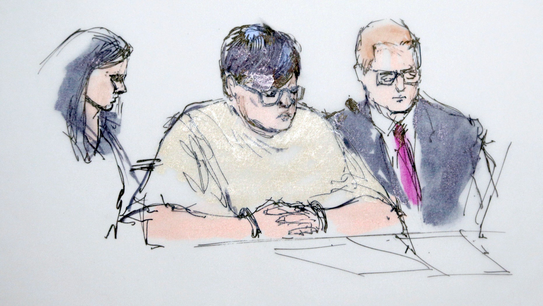 In this artist's sketch, Enrique Marquez, center, appears in federal court in Riverside, Calif., Thursday, Dec. 17, 2015. Marquez, 24, was charged Thursday with conspiring to provide material support to terrorists for plotting with gunman Syed Rizwan Farook to launch attacks in 2011 and 2012 at a community college and congested freeway at rush hour that they never carried out. (AP Photo/Bill Robles)