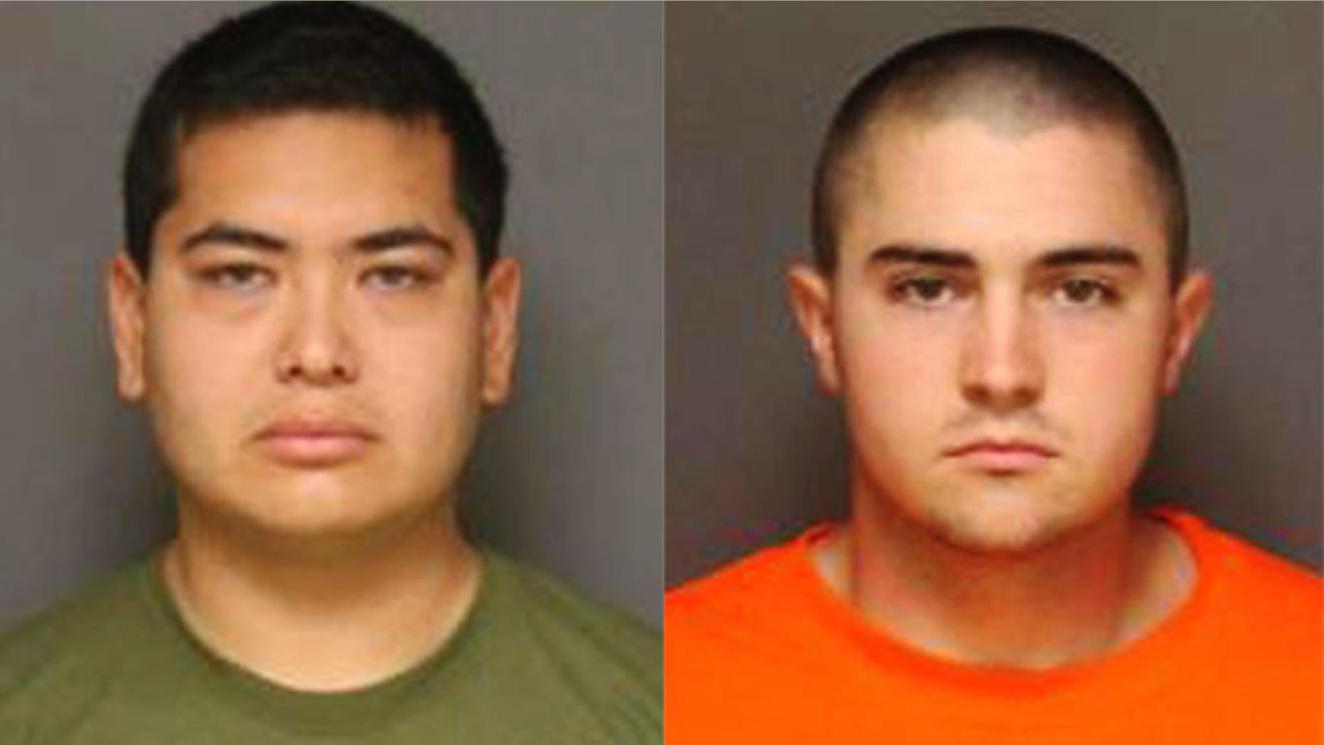 These photos released by the Fullerton, Calif., Police Department show Frank Felix, 25 (left) and Josh Acosta, 21, (right) who were arrested and jailed in connection with the murders of two men and a woman at a Fullerton home. (Fullerton Police Department via AP)