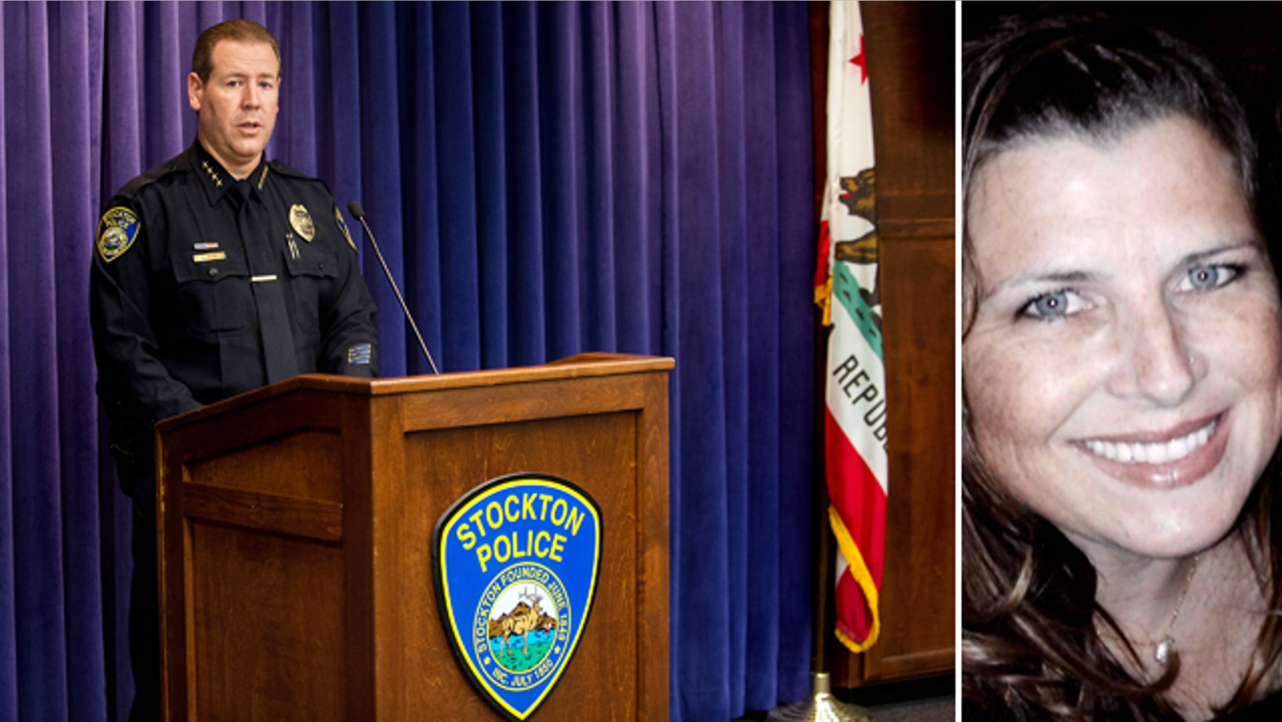 August 11, 2014: Stockton, Calif. Police Chief Eric Jones holds a press conference to release more information about the recent bank robbery and police shooting that ended with the death of two suspects and the hostage Misty Holt-Singh, pictured right. Police say Holt-Singh, 41 was killed by police, not the suspects. (AP Photo/The Record, Craig Sanders)