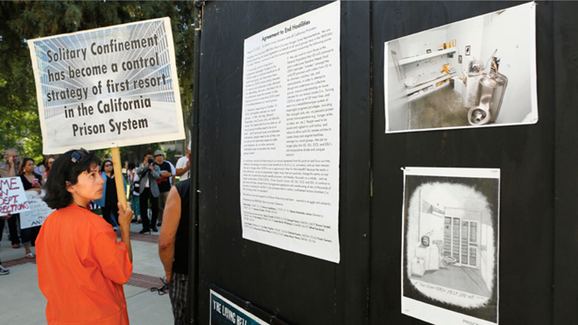 Aug. 14, 2013: In this file photo, Diya Malika, of the Stop Mass Incarceration Network, glances at information about the Secure Housing Units in California prisons, during a rally calling for the end of solitary confinement in California prisons, at the Capitol in Sacramento, Calif.