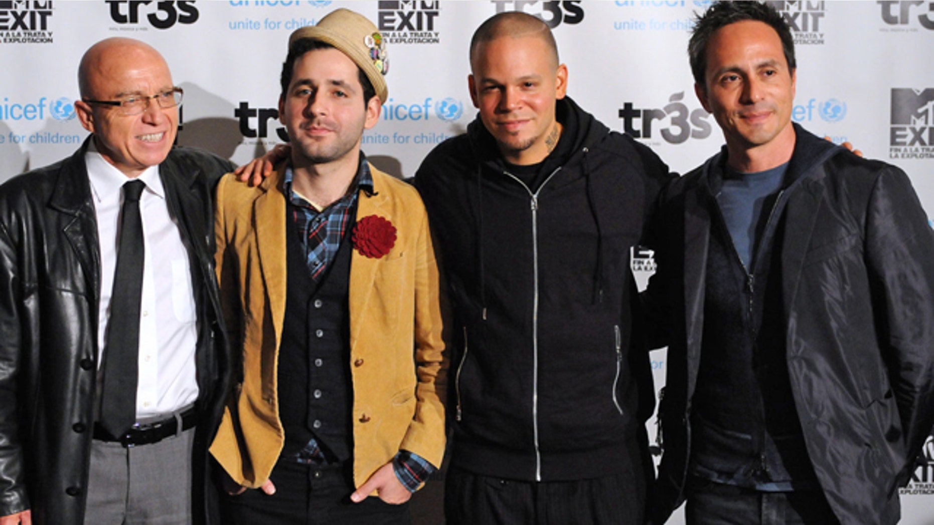 Nov. 21, 2011: (From left to right) Bernt Aasen of Unicef, Calle 13's Residente yand Visitante and Mario Cader-Frech from MTV Tr3s.