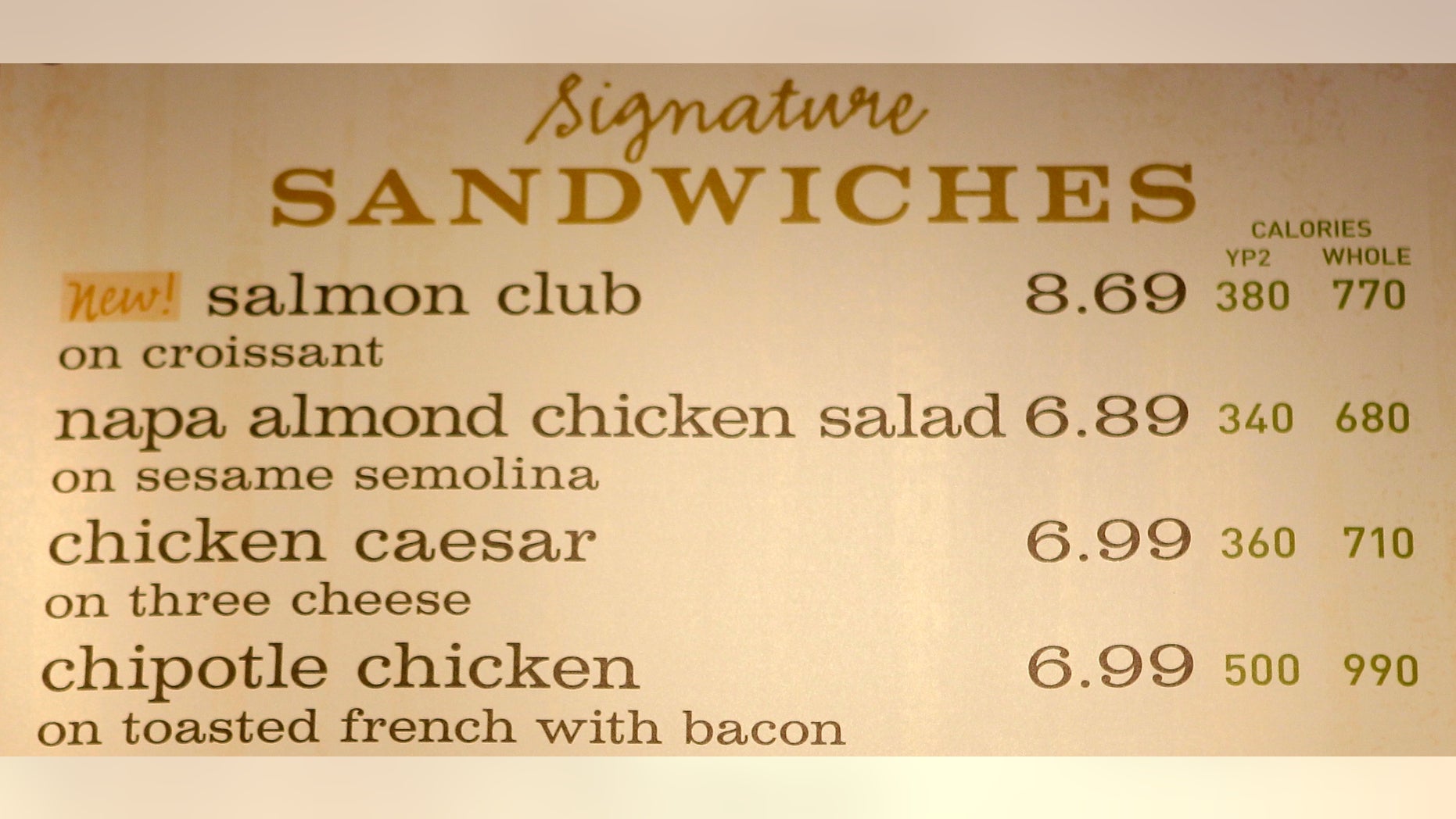 The sandwich board at a Panera store with the calorie count for each item, in Brookline, Mass. (AP Photo/Charles Krupa, File)